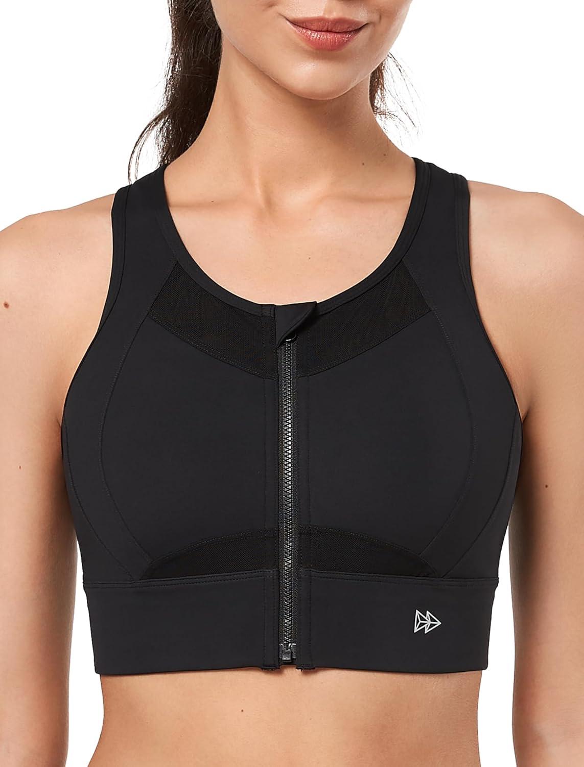 Yvette High Impact Sports Bras for Women Zip Front Closure, High Support Wokout Running Bra with Sewn in Pads for Large Bust(Black)