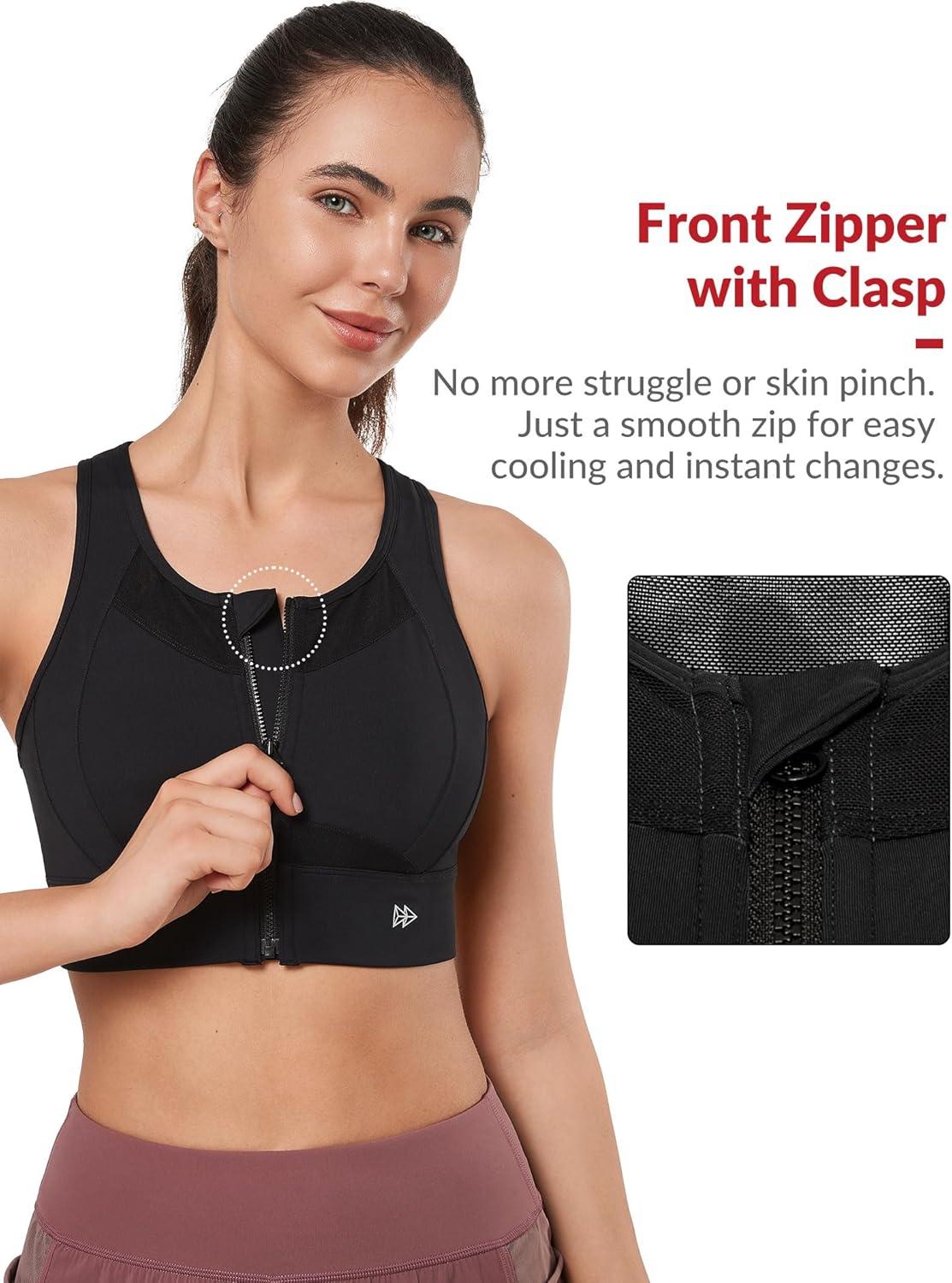 Yvette High Impact Sports Bras for Women Zip Front Closure, High Support Wokout Running Bra with Sewn in Pads for Large Bust(Black)