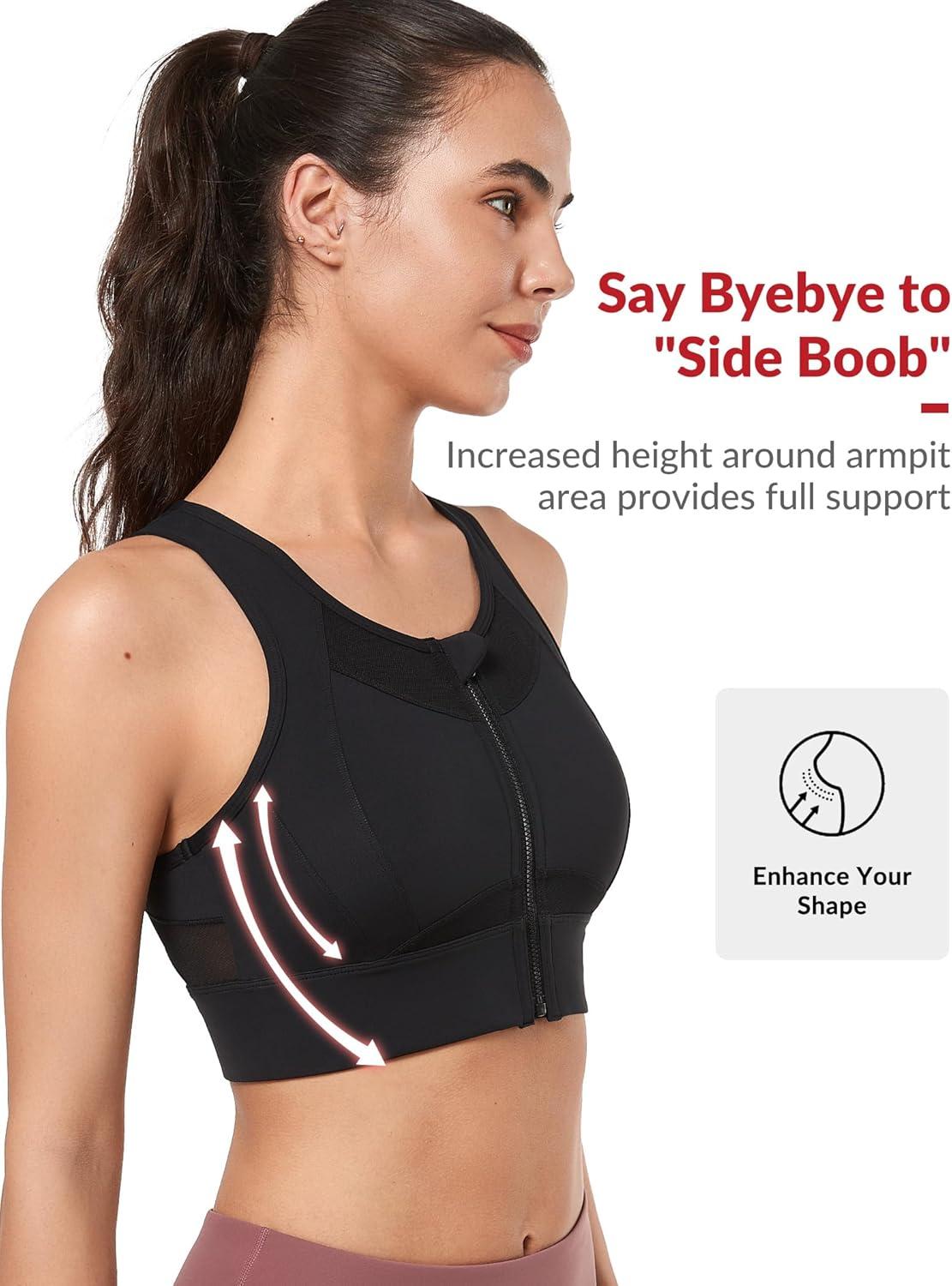 Yvette High Impact Sports Bras for Women Zip Front Closure, High Support Wokout Running Bra with Sewn in Pads for Large Bust(Black)