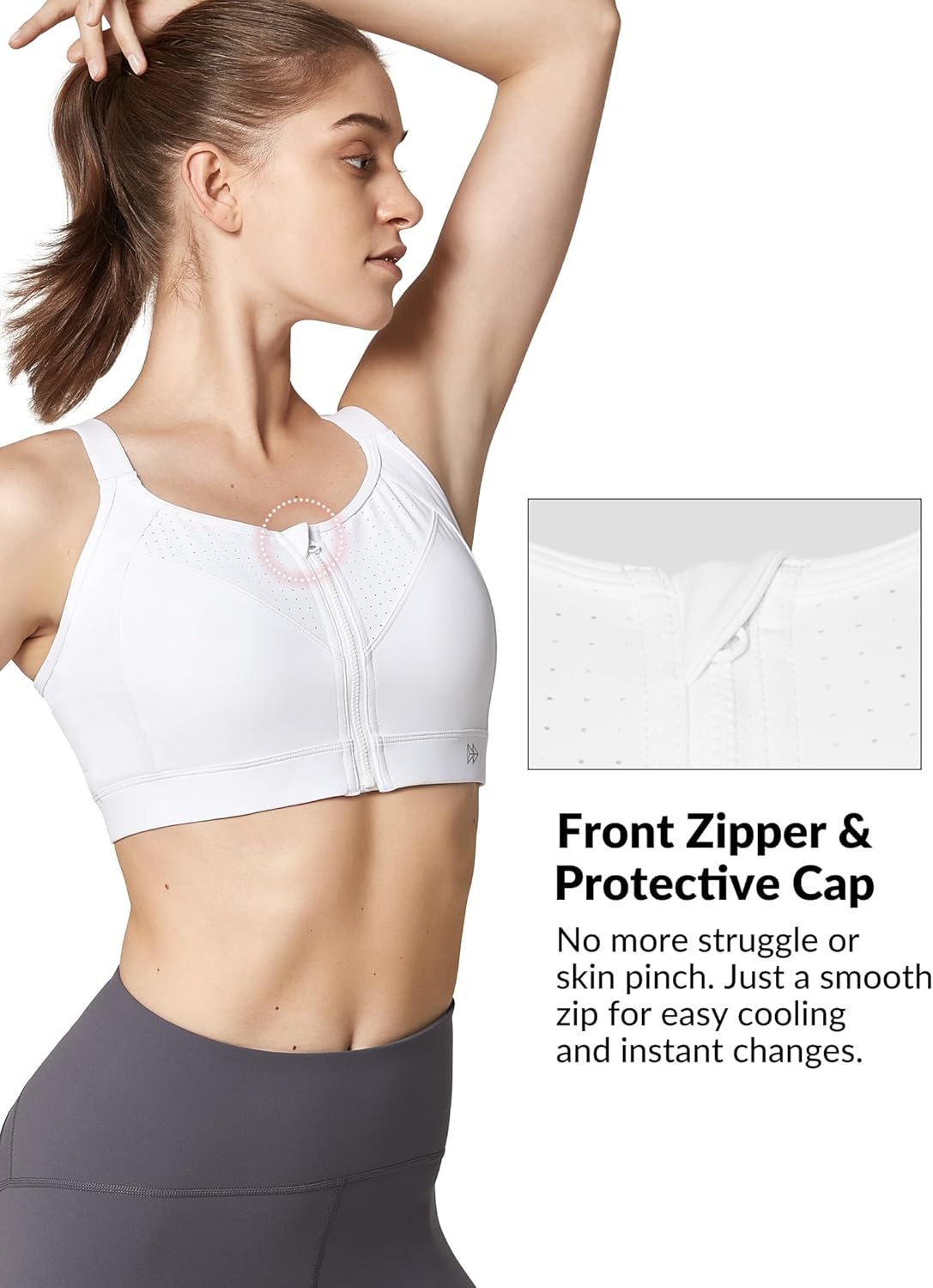 Yvette Adjustable Sports Bras for Women High Impact Support, Zip Front Sports Bra Plus Size Wireless for Running Workout Gym(White)
