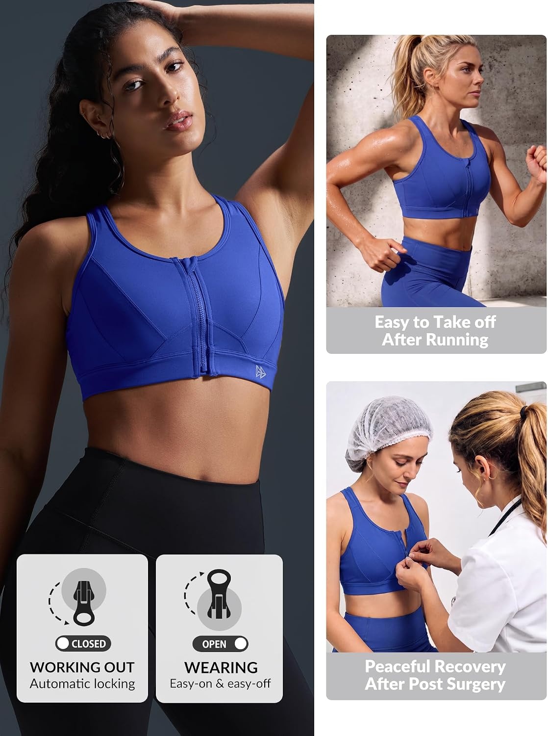 Yvette Zip Front High Impact Sports Bra for Large Bust | Secure Locking Zipper,Fixed Non-Slip Pads,Breathable,Wireless Comfort,Running Bra Plus Size Friendly,Gym Workout,Fitness(Royal Blue)