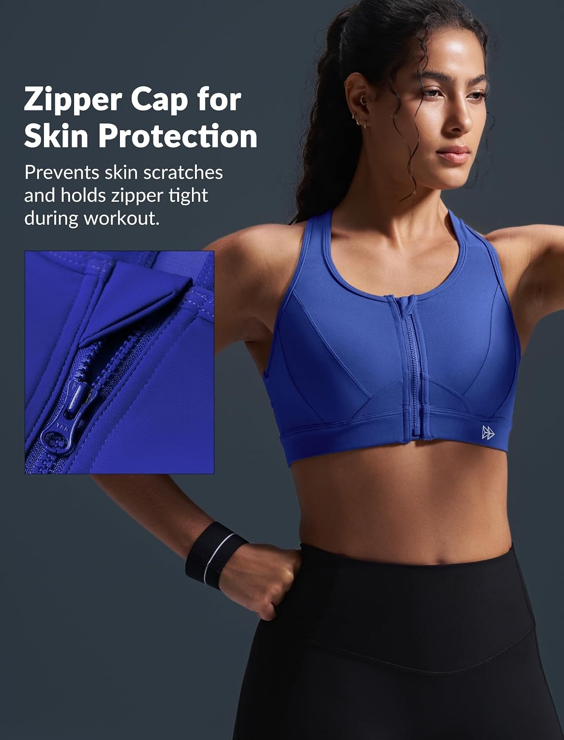 Yvette Zip Front High Impact Sports Bra for Large Bust | Secure Locking Zipper,Fixed Non-Slip Pads,Breathable,Wireless Comfort,Running Bra Plus Size Friendly,Gym Workout,Fitness(Royal Blue)