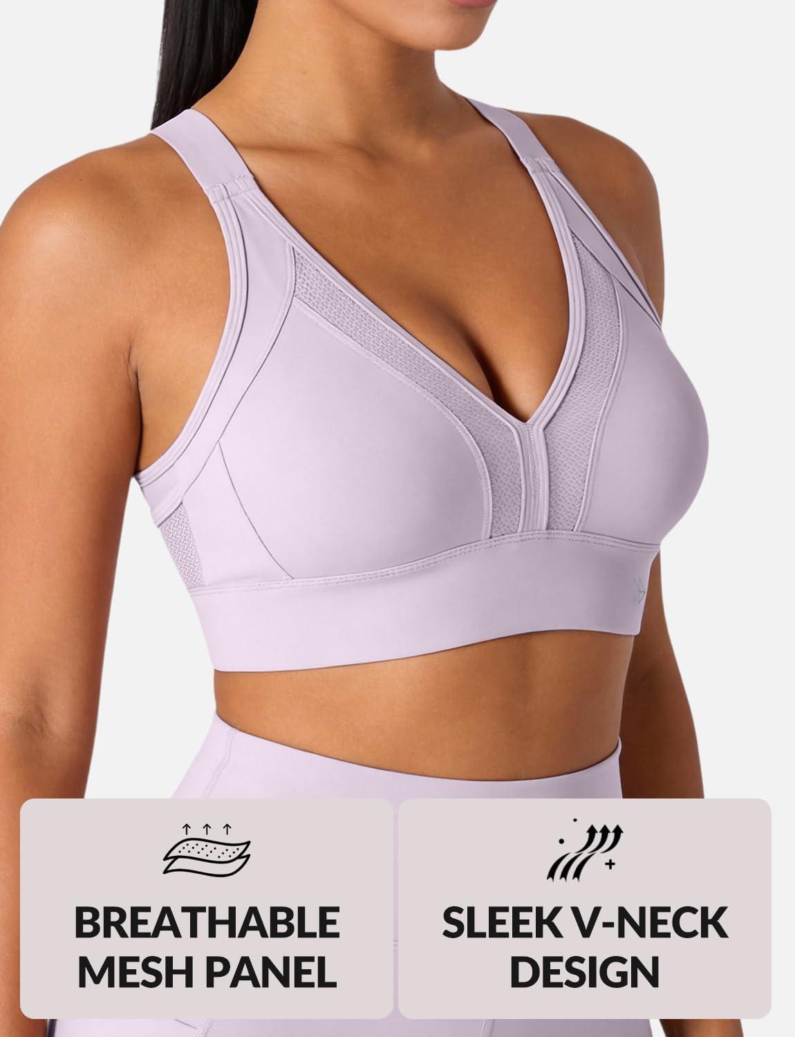 Yvette Sports Bras for Women High Impact Support, Sleek V-Neck with Adjustable Criss Cross Straps for Running&Workout(Light Purple)