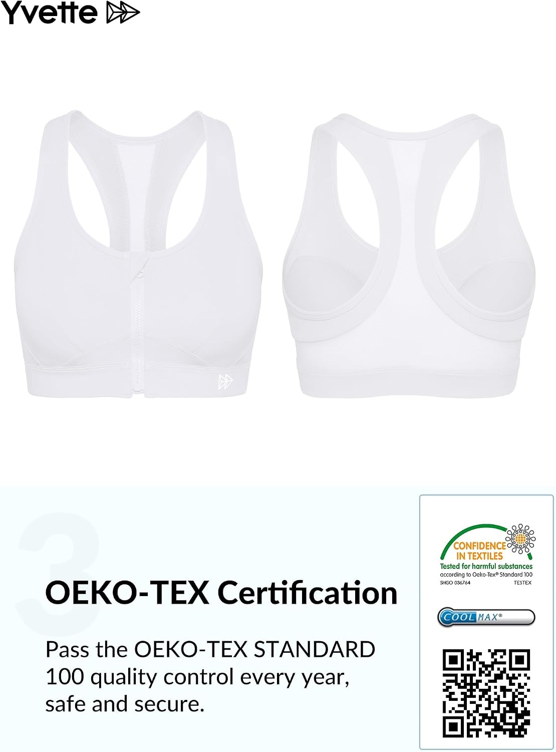 Yvette Zip Front High Impact Sports Bra for Large Bust | Secure Locking Zipper,Fixed Non-Slip Pads,Breathable,Wireless Comfort,Running Bra Plus Size Friendly,Gym Workout,Fitness(White)