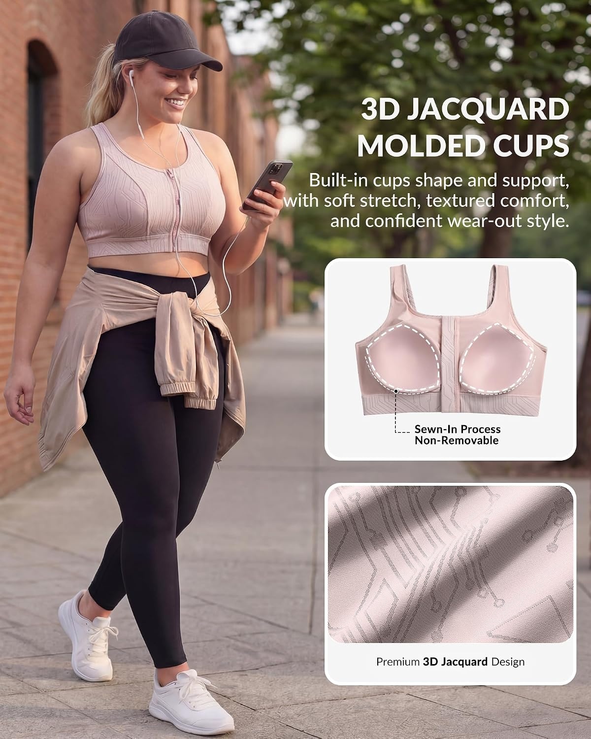 Yvette Front Zip Sports Bra for Women,High Support Full Coverage | Sewn-in Molded Cups, No Side Spillage, Wide Underband for Large Busts, Easy On and Off for Running and Workouts(Pink)