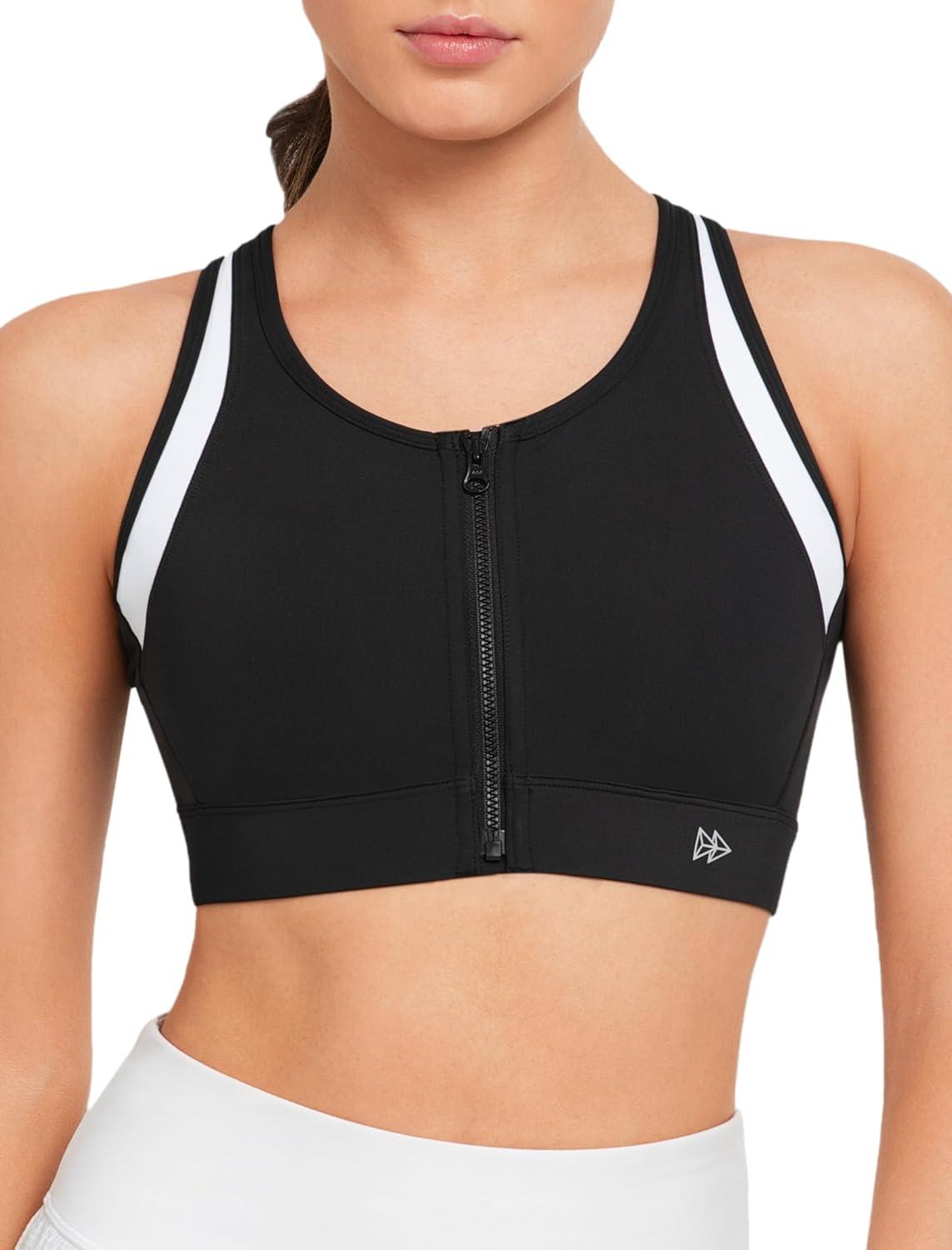Yvette Front Zipper Sports Bras for Women High Support Color Blocking Plus Size Sports Bra High Impact for Running Workout(Black)