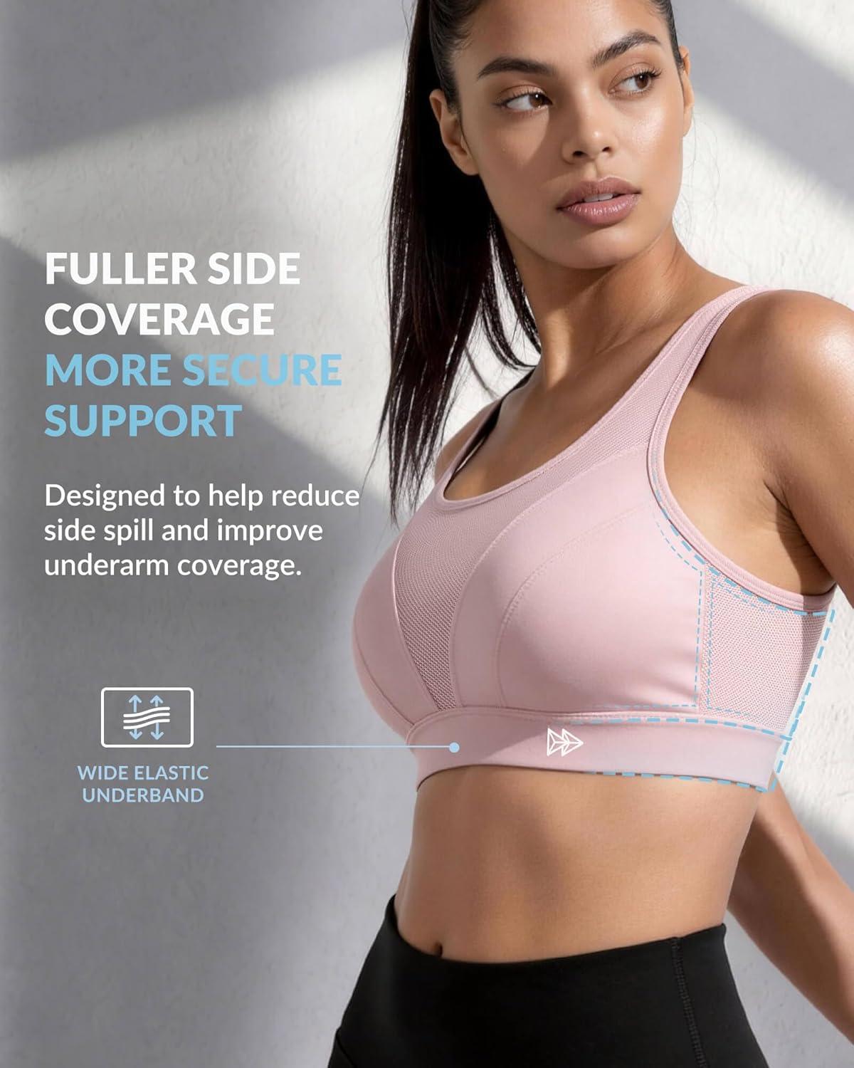 Yvette High Impact Sports Bra for Women, Adjustable High Support Running Bra, Wirefree Molded Cups, Hook-and-Eye Back Closure(Water Pink)