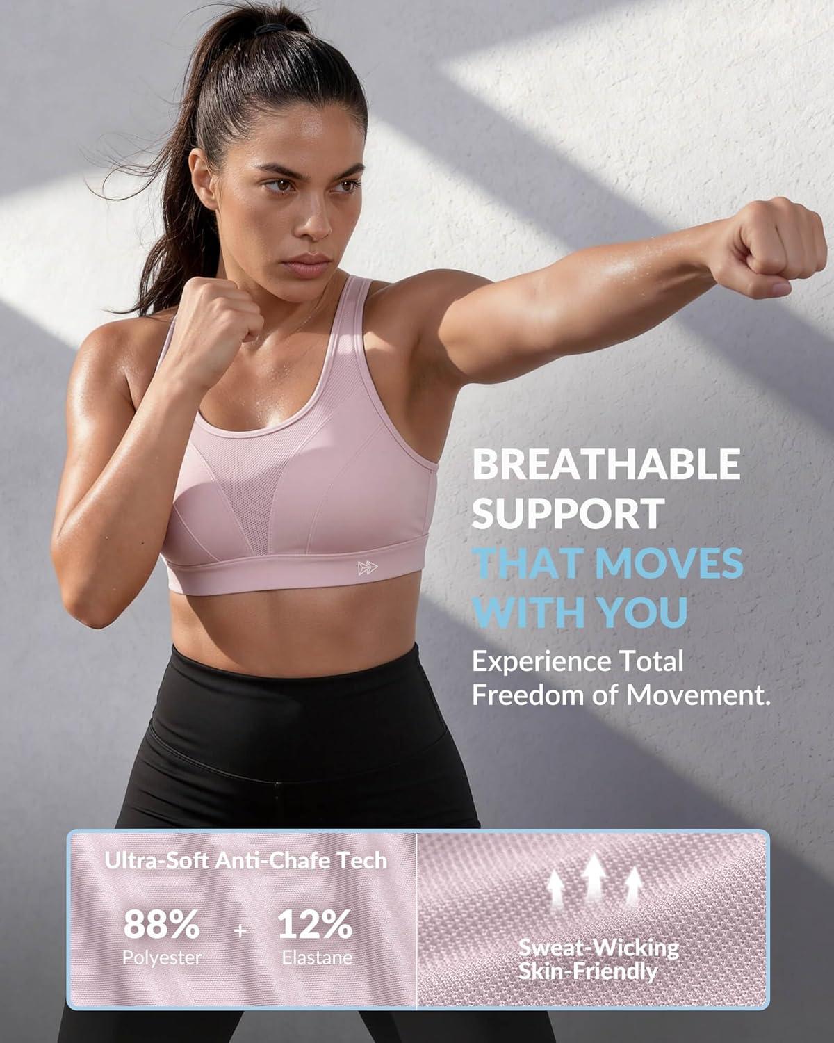 Yvette High Impact Sports Bra for Women, Adjustable High Support Running Bra, Wirefree Molded Cups, Hook-and-Eye Back Closure(Water Pink)