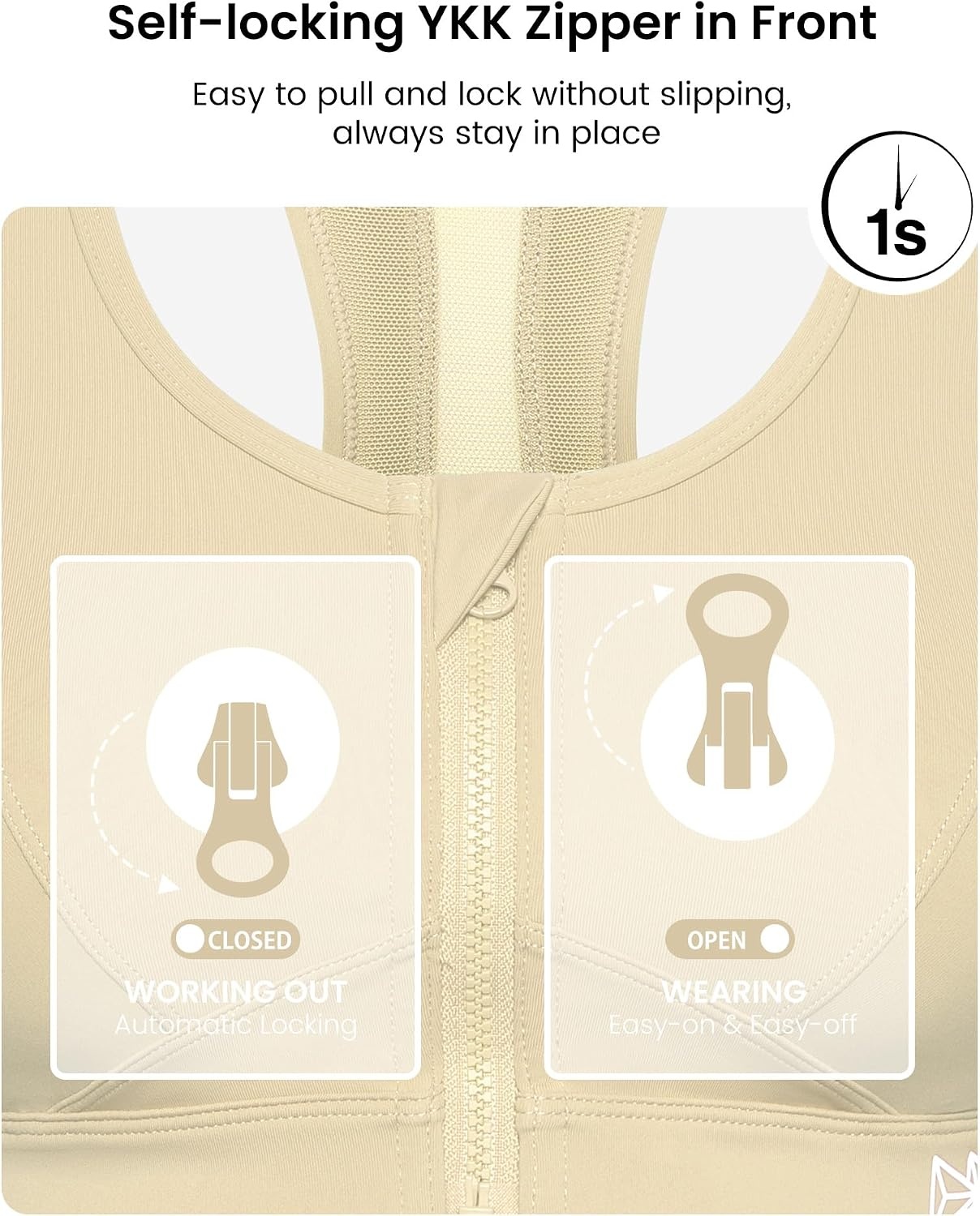 Yvette Zip Front High Impact Sports Bra for Large Bust | Secure Locking Zipper,Fixed Non-Slip Pads,Breathable,Wireless Comfort,Running Bra Plus Size Friendly,Gym Workout,Fitness(Light Yellow)