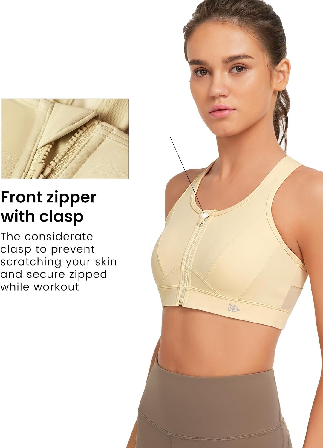 Yvette Zip Front High Impact Sports Bra for Large Bust | Secure Locking Zipper,Fixed Non-Slip Pads,Breathable,Wireless Comfort,Running Bra Plus Size Friendly,Gym Workout,Fitness(Light Yellow)