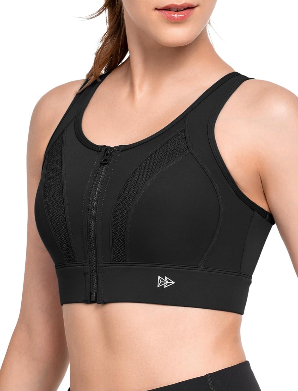 Yvette Zip Front Sports Bras for Women High Impact Supportive Large Bust Bras for Running(Black)