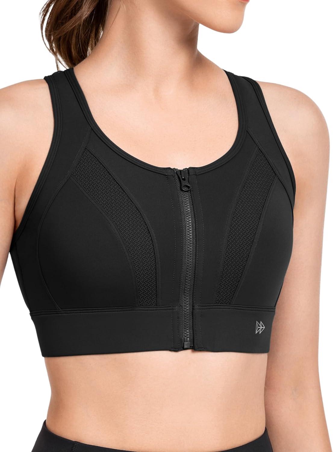 Yvette Zip Front Sports Bras for Women High Impact Supportive Large Bust Bras for Running(Black)
