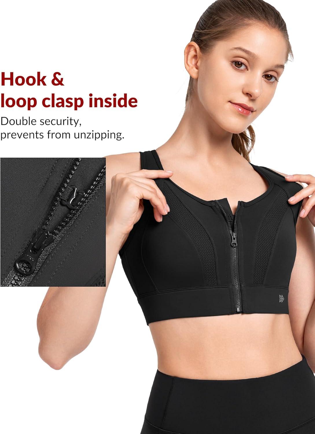 Yvette Zip Front Sports Bras for Women High Impact Supportive Large Bust Bras for Running(Black)