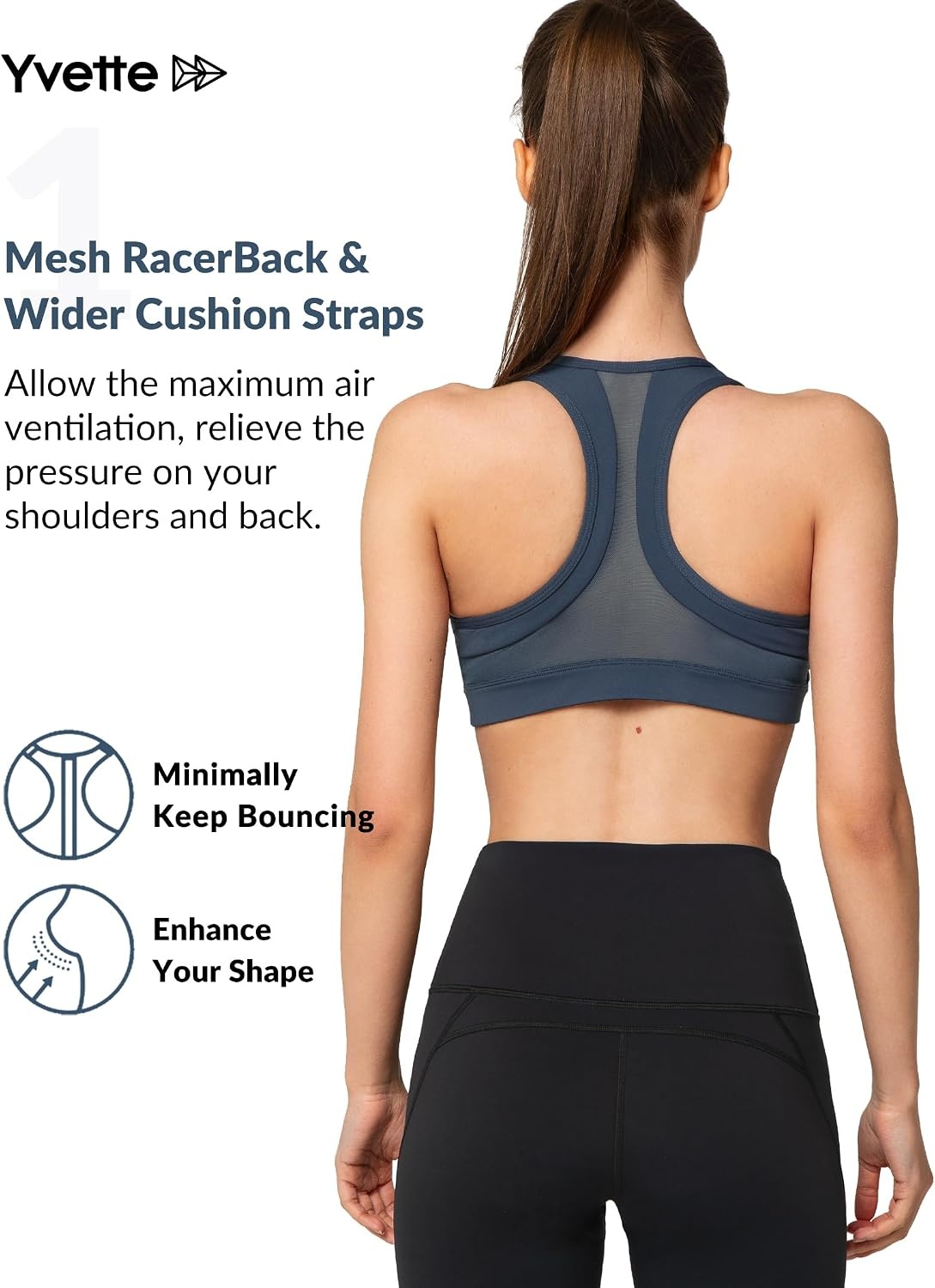 Yvette Zip Front High Impact Sports Bra for Large Bust | Secure Locking Zipper,Fixed Non-Slip Pads,Breathable,Wireless Comfort,Running Bra Plus Size Friendly,Gym Workout,Fitness(Navy Blue)
