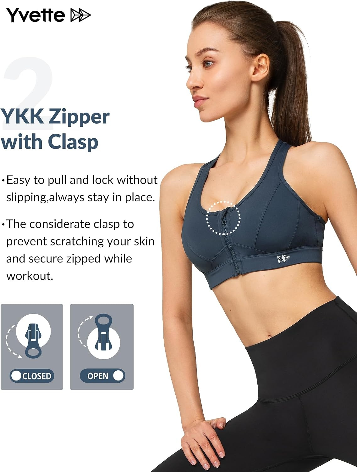 Yvette Zip Front High Impact Sports Bra for Large Bust | Secure Locking Zipper,Fixed Non-Slip Pads,Breathable,Wireless Comfort,Running Bra Plus Size Friendly,Gym Workout,Fitness(Navy Blue)