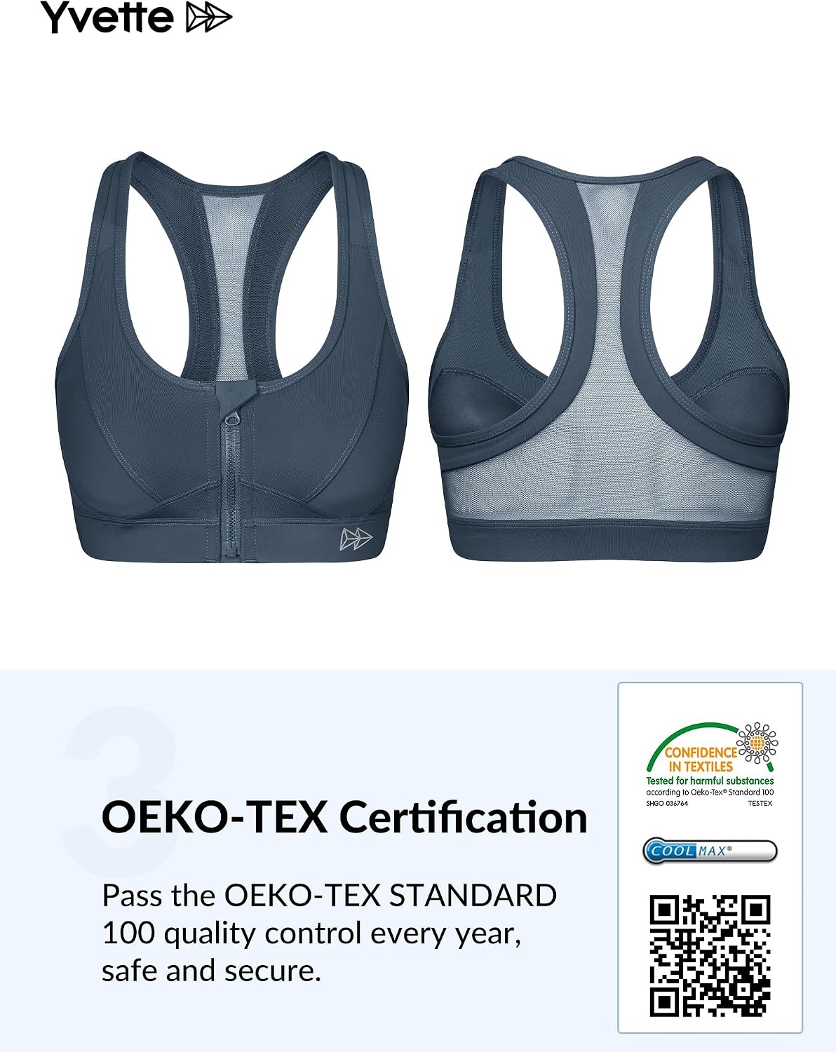 Yvette Zip Front High Impact Sports Bra for Large Bust | Secure Locking Zipper,Fixed Non-Slip Pads,Breathable,Wireless Comfort,Running Bra Plus Size Friendly,Gym Workout,Fitness(Navy Blue)