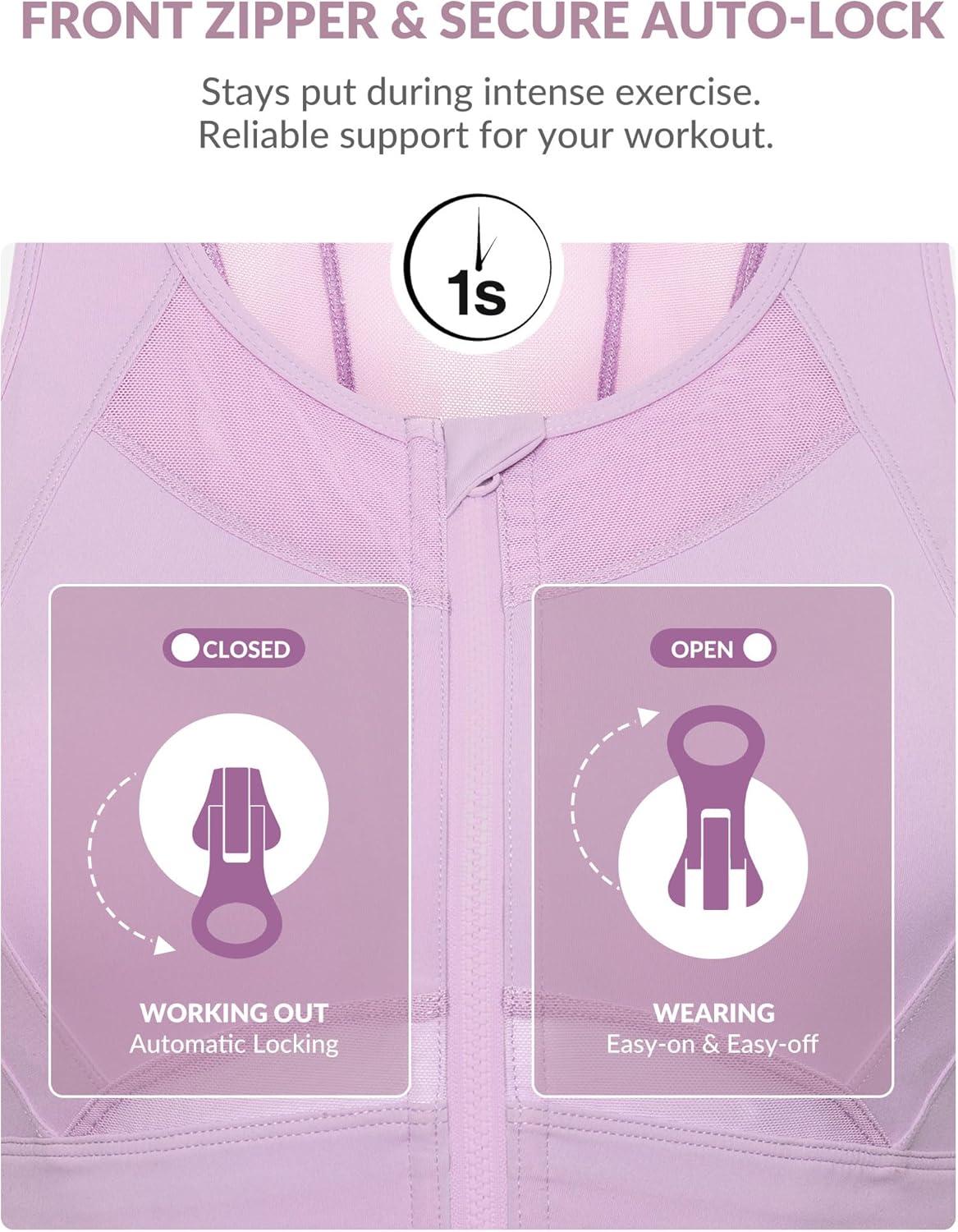 Yvette High Impact Sports Bras for Women Zip Front Closure, High Support Wokout Running Bra with Sewn in Pads for Large Bust(Purple)