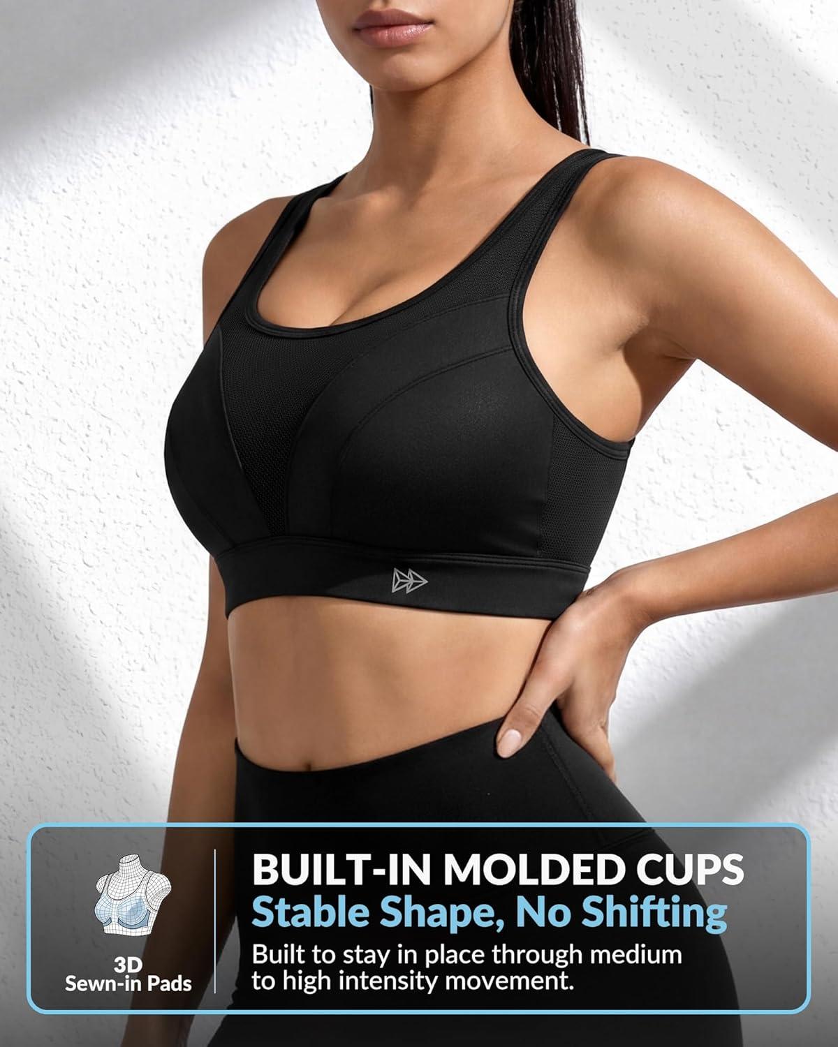 Yvette High Impact Sports Bra for Women, Adjustable High Support Running Bra, Wirefree Molded Cups, Hook-and-Eye Back Closure(Black)