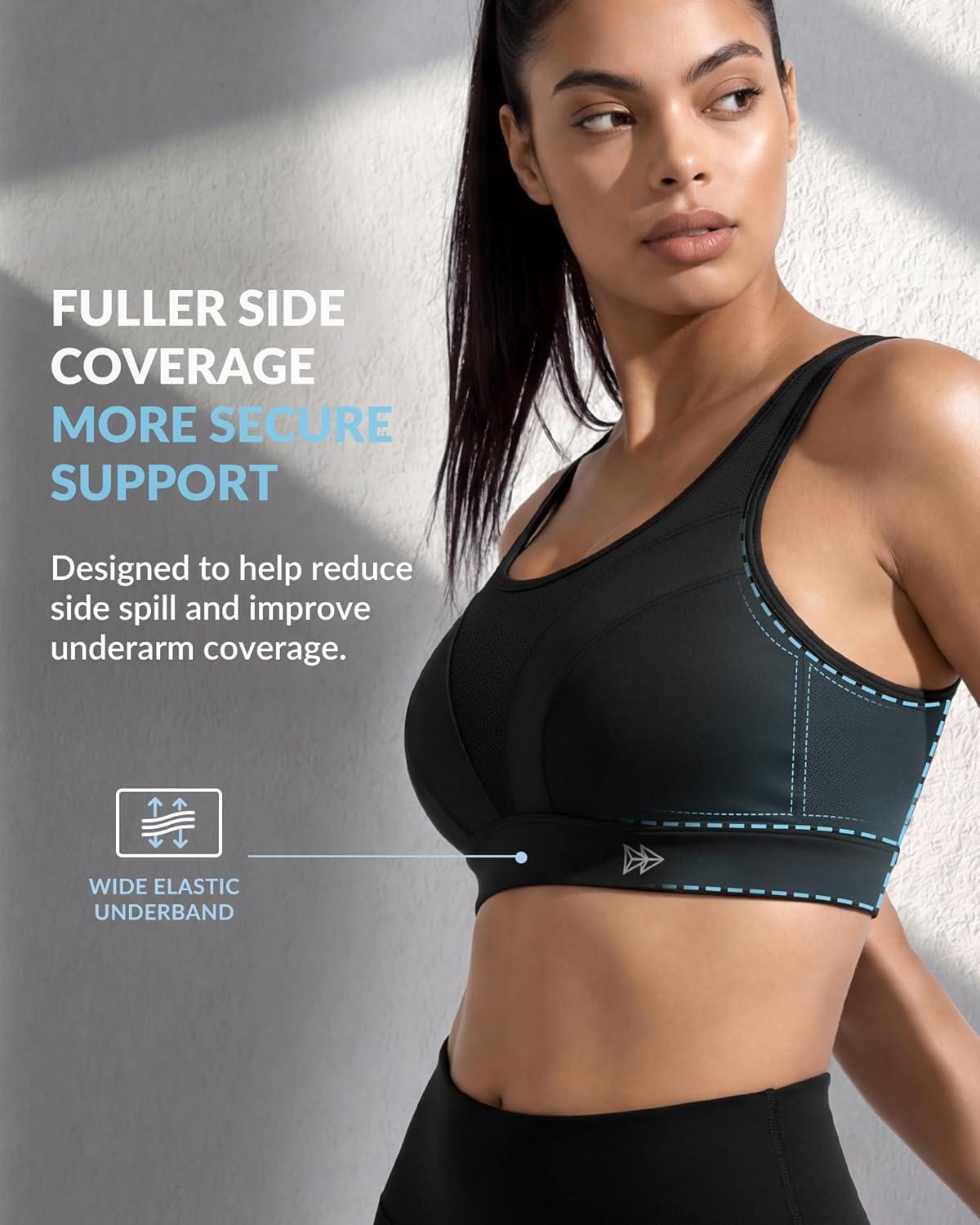 Yvette High Impact Sports Bra for Women, Adjustable High Support Running Bra, Wirefree Molded Cups, Hook-and-Eye Back Closure(Black)