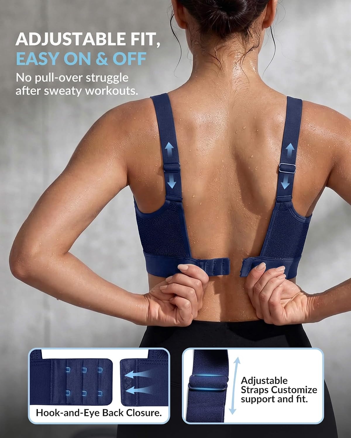 Yvette High Impact Sports Bra for Women, Adjustable Workout Soft Support Bra for Running Yoga, Pilates, Lounge & Gym(Midnight Blue)