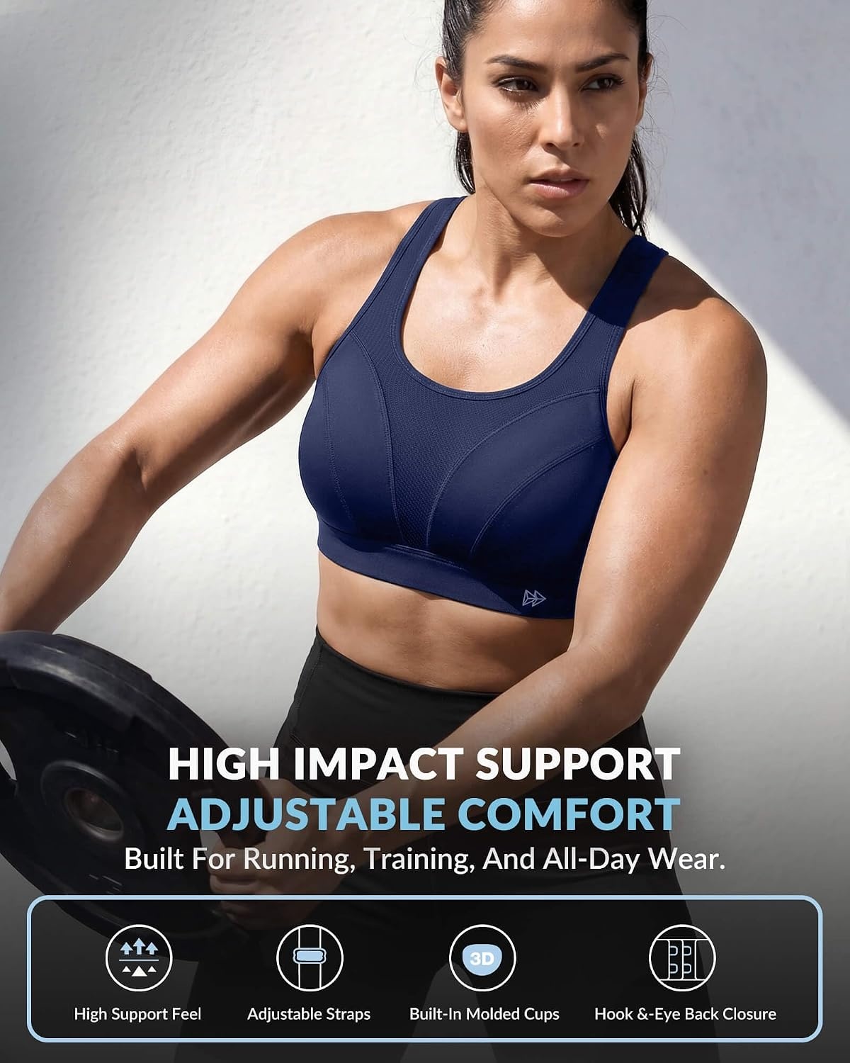 Yvette High Impact Sports Bra for Women, Adjustable Workout Soft Support Bra for Running Yoga, Pilates, Lounge & Gym(Midnight Blue)
