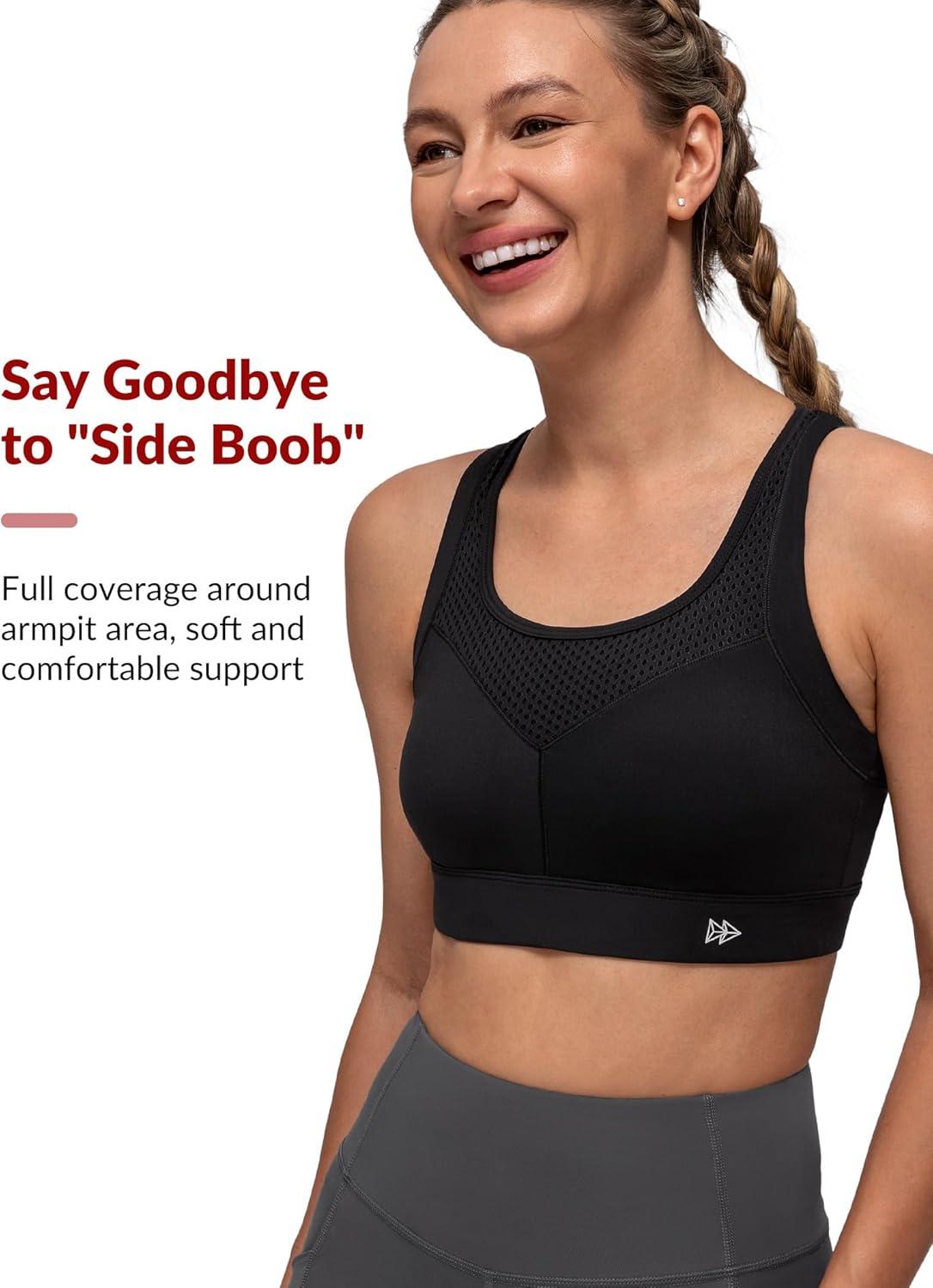 Yvette Racerback Sports Bras for Women High Support Running Supportive Sports Bra with Sewn in Pads(Black)