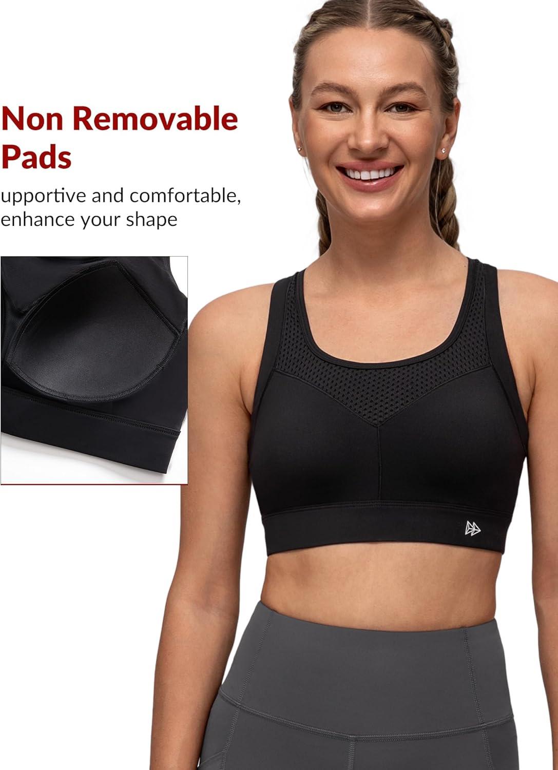Yvette Racerback Sports Bras for Women High Support Running Supportive Sports Bra with Sewn in Pads(Black)