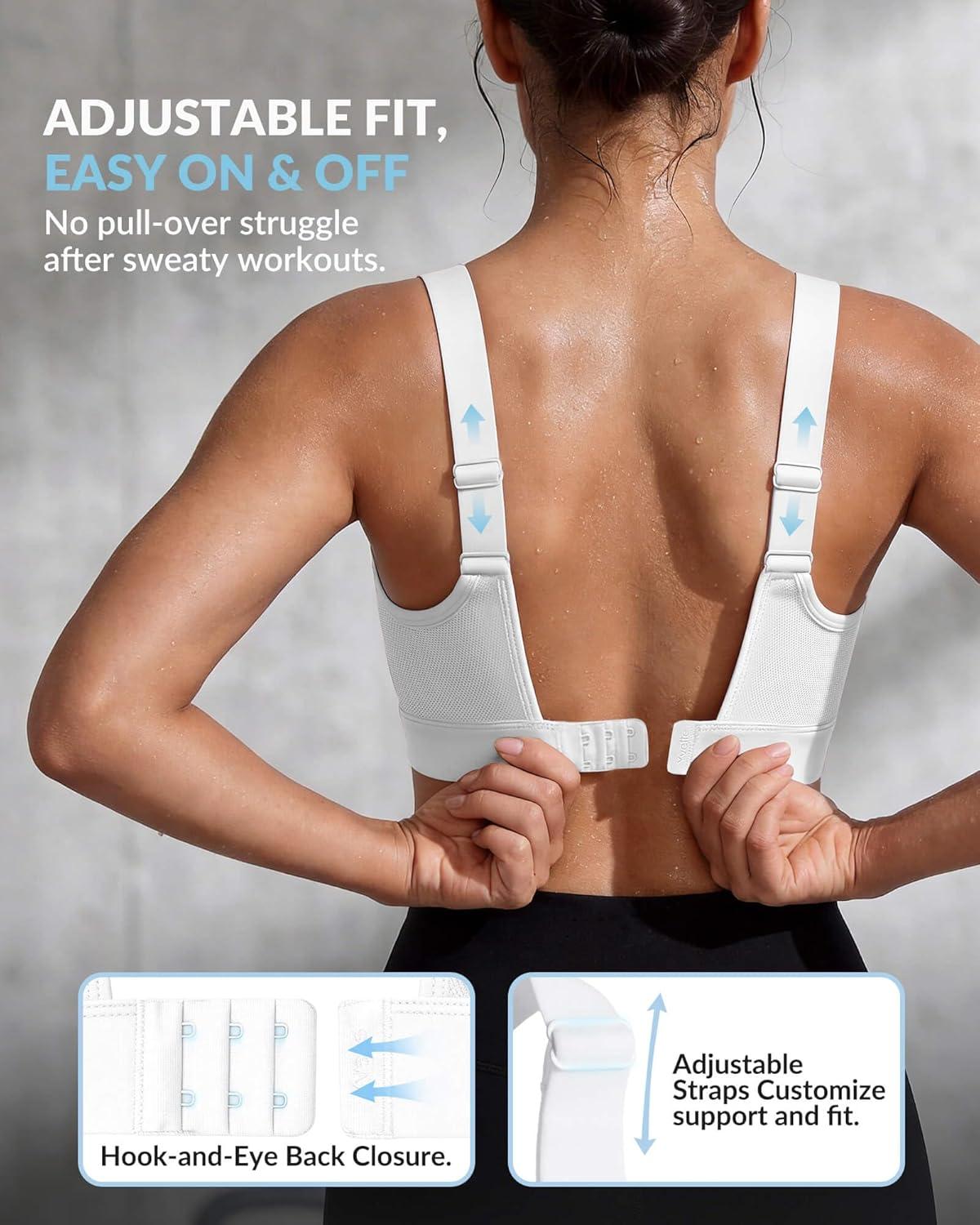 Yvette High Impact Sports Bra for Women, Adjustable High Support Running Bra, Wirefree Molded Cups, Hook-and-Eye Back Closure(White)