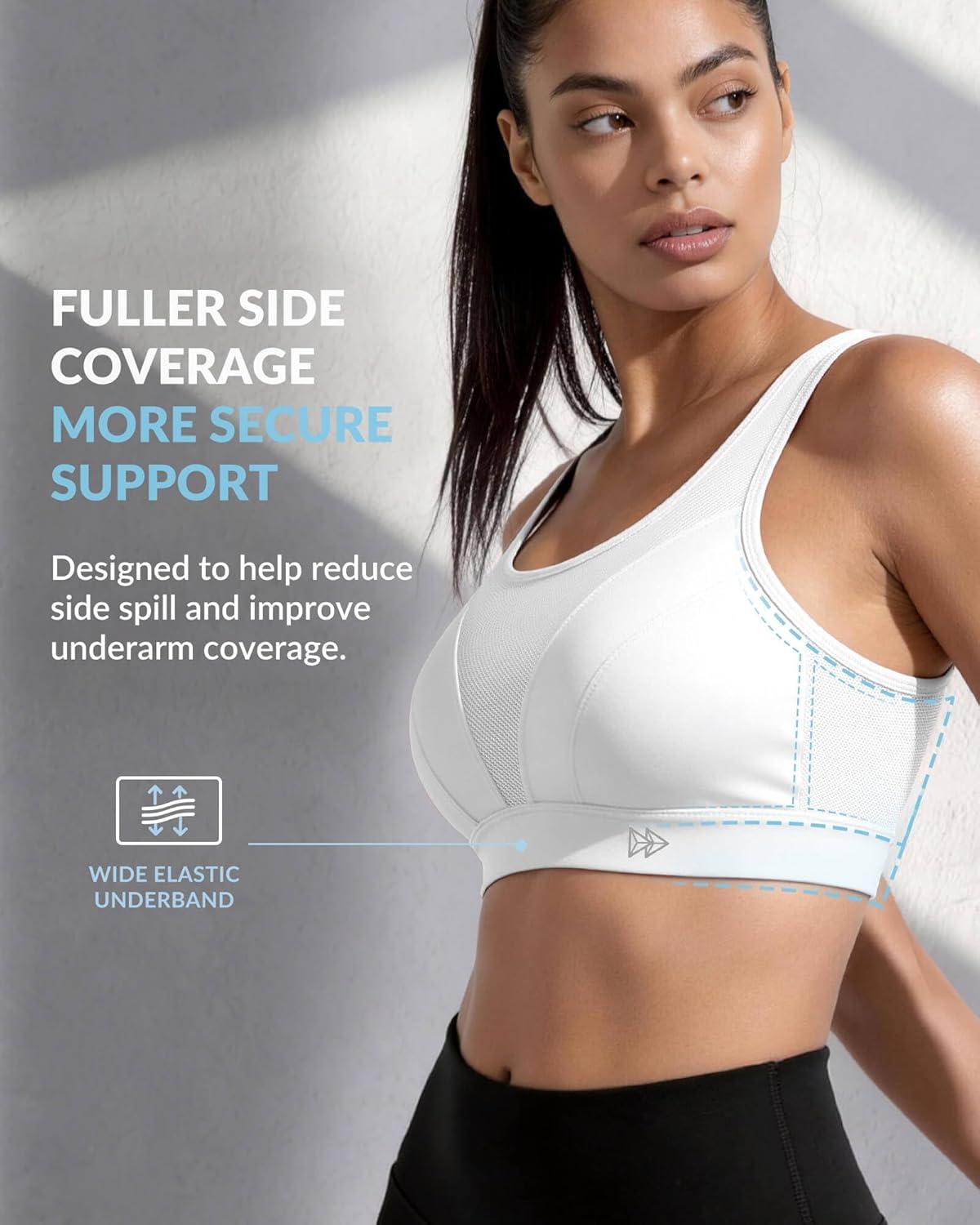 Yvette High Impact Sports Bra for Women, Adjustable High Support Running Bra, Wirefree Molded Cups, Hook-and-Eye Back Closure(White)
