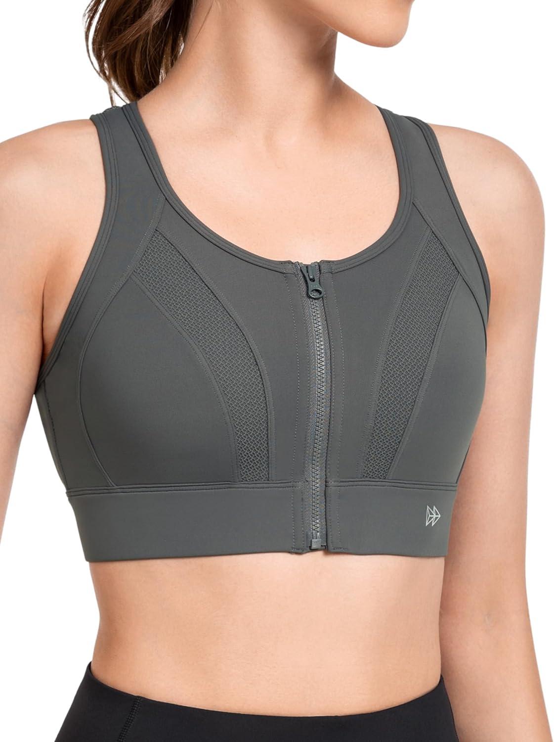 Yvette Zip Front Sports Bras for Women High Impact Supportive Large Bust Bras for Running(Grey)