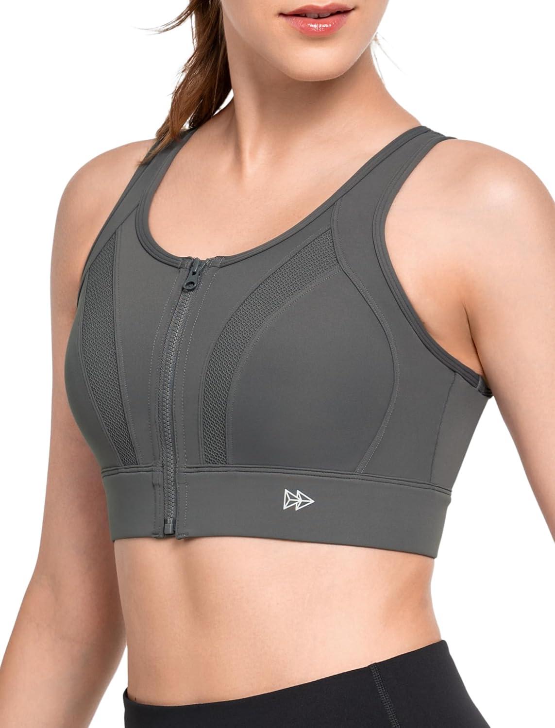 Yvette Zip Front Sports Bras for Women High Impact Supportive Large Bust Bras for Running(Grey)