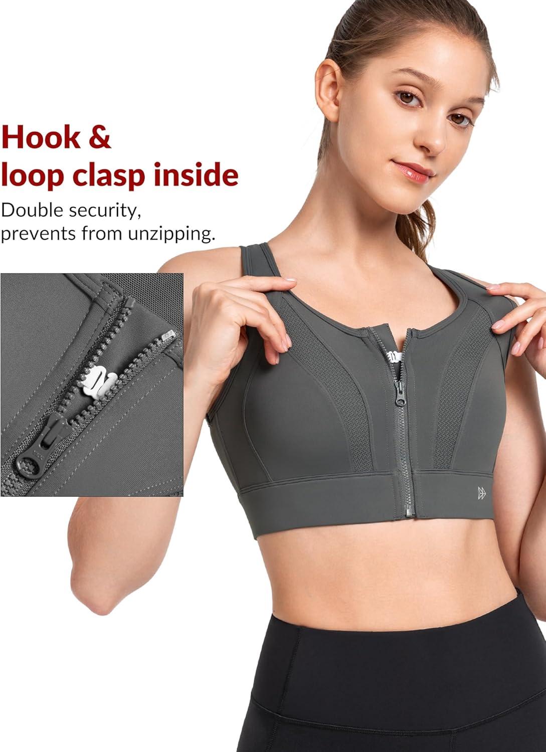 Yvette Zip Front Sports Bras for Women High Impact Supportive Large Bust Bras for Running(Grey)