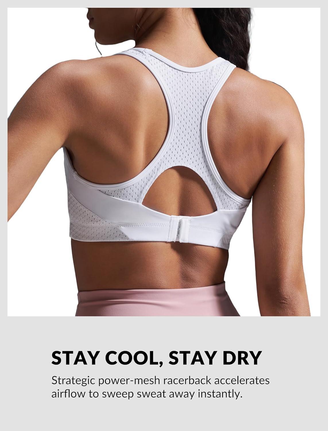 Yvette High Impact Sports Bras for Women Sewn-in Pads Racerback Workout Bra for Running HIIT Large Breast Support A-DDD Cups(White)