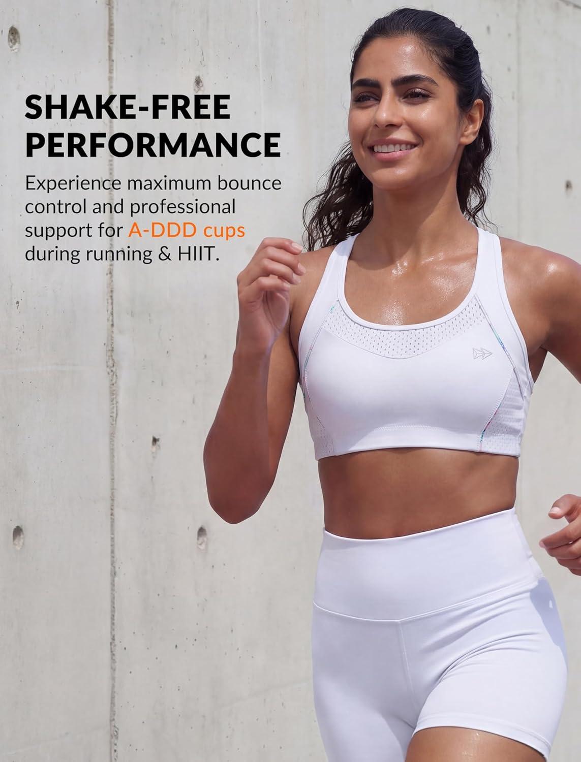 Yvette High Impact Sports Bras for Women Sewn-in Pads Racerback Workout Bra for Running HIIT Large Breast Support A-DDD Cups(White)