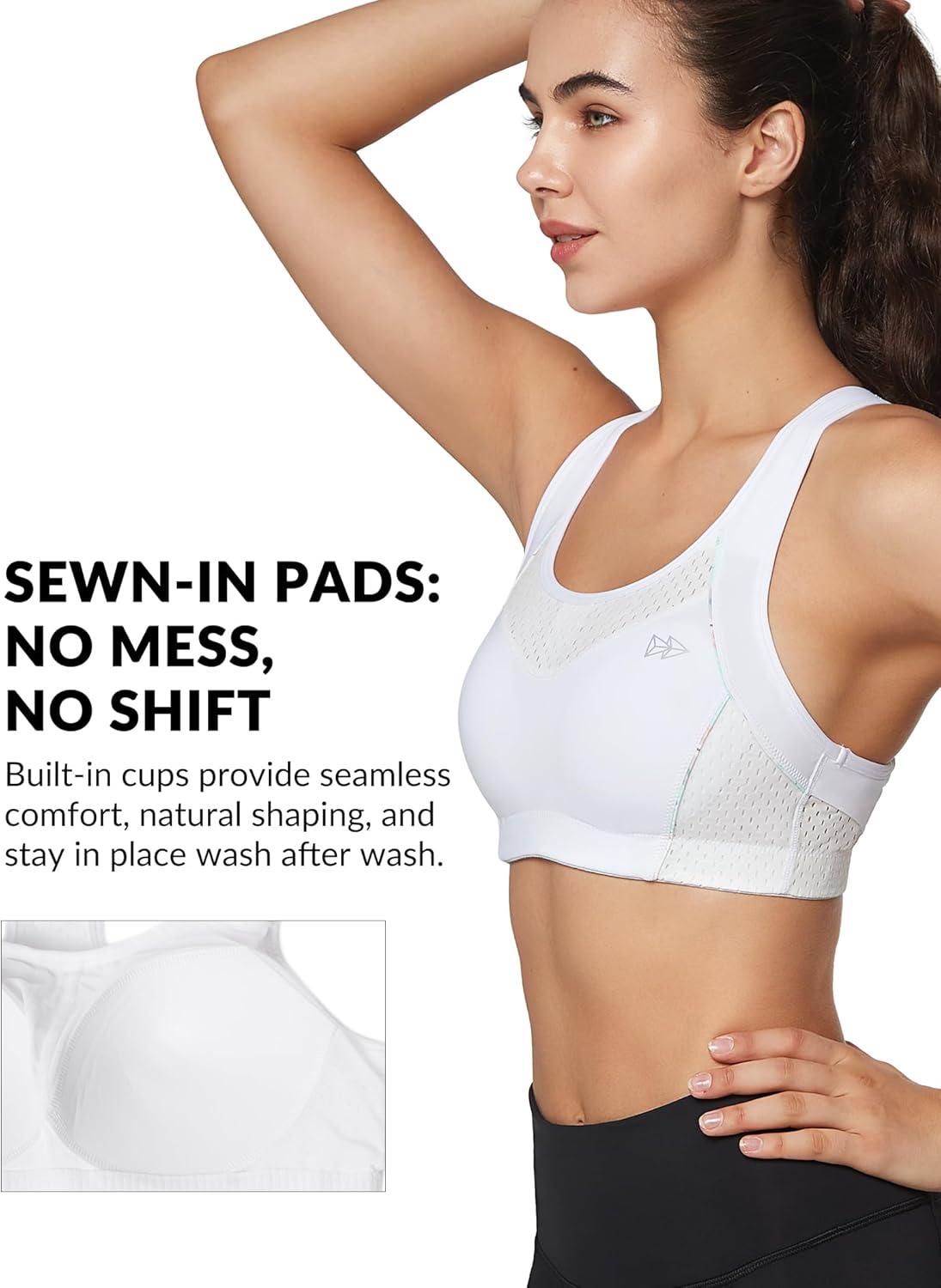 Yvette High Impact Sports Bras for Women Sewn-in Pads Racerback Workout Bra for Running HIIT Large Breast Support A-DDD Cups(White)
