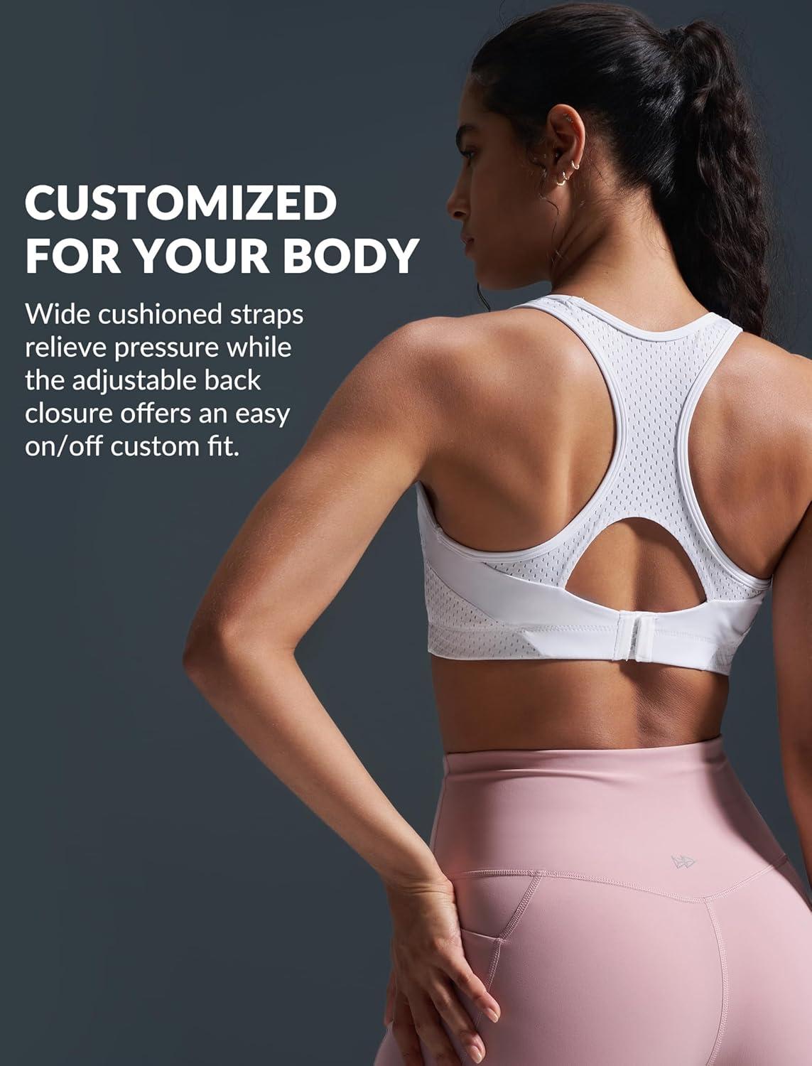 Yvette High Impact Sports Bras for Women Sewn-in Pads Racerback Workout Bra for Running HIIT Large Breast Support A-DDD Cups(White)