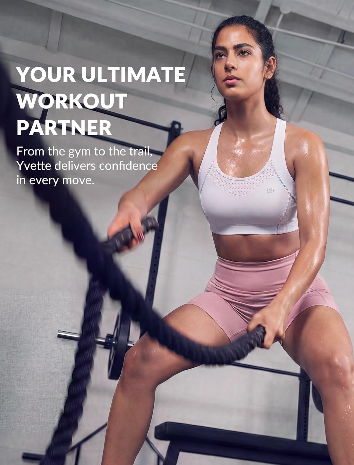Yvette High Impact Sports Bras for Women Sewn-in Pads Racerback Workout Bra for Running HIIT Large Breast Support A-DDD Cups(White)