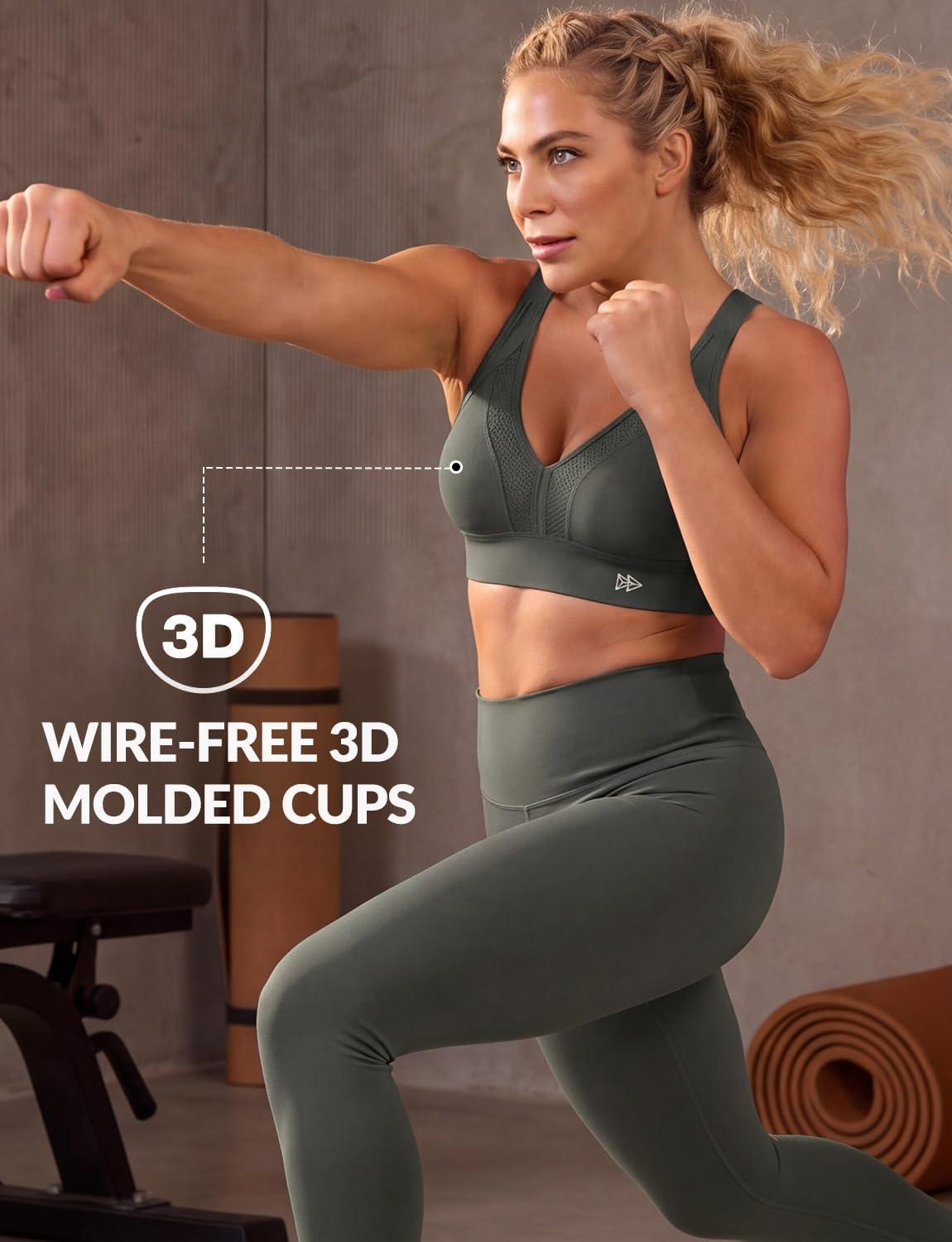 Yvette Sports Bras for Women High Impact Support, Sleek V-Neck with Adjustable Criss Cross Straps for Running&Workout(Dark Green)