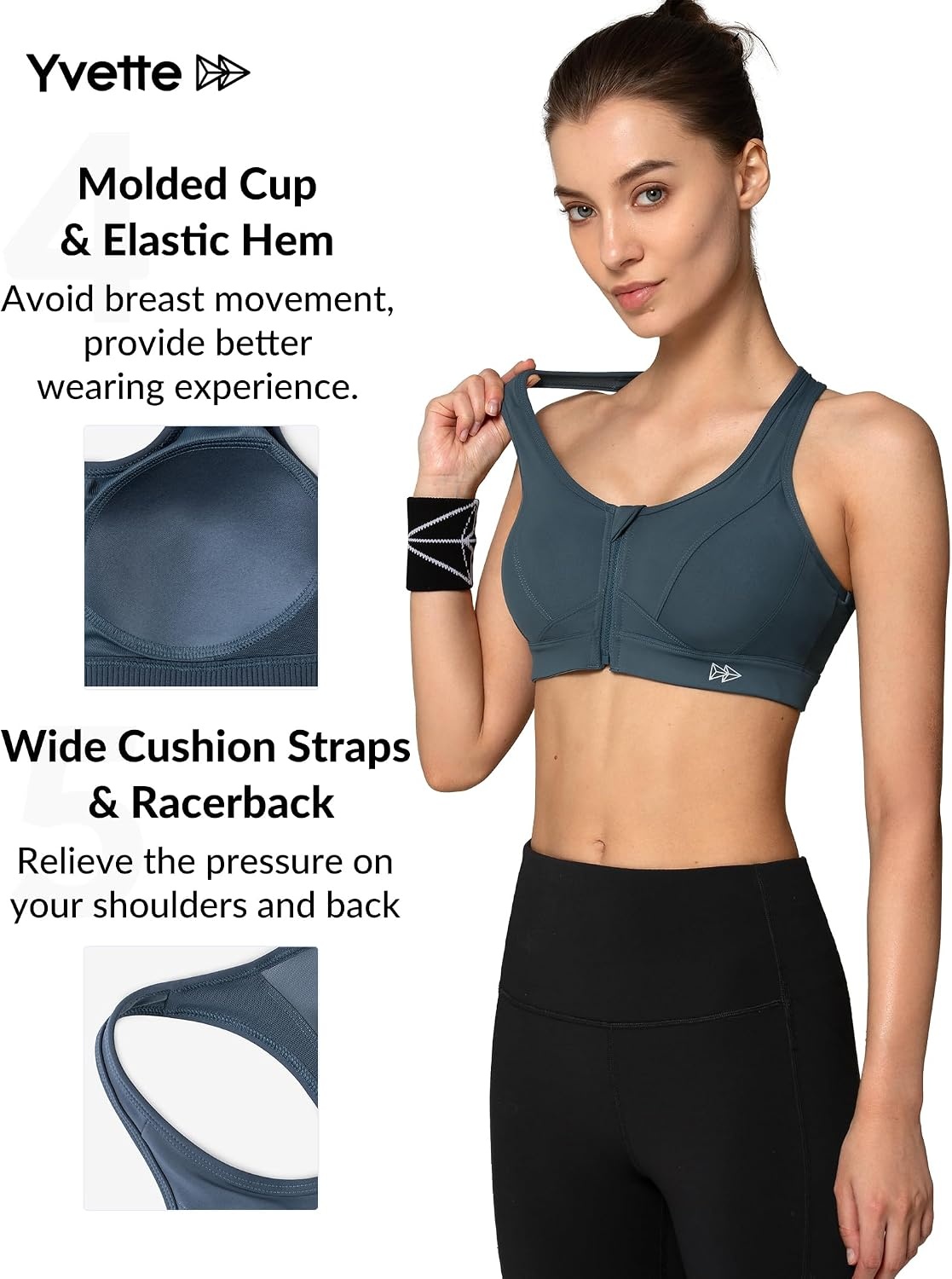 Yvette Zip Front High Impact Sports Bra for Large Bust | Secure Locking Zipper,Fixed Non-Slip Pads,Breathable,Wireless Comfort,Running Bra Plus Size Friendly,Gym Workout,Fitness(Haze Blue)