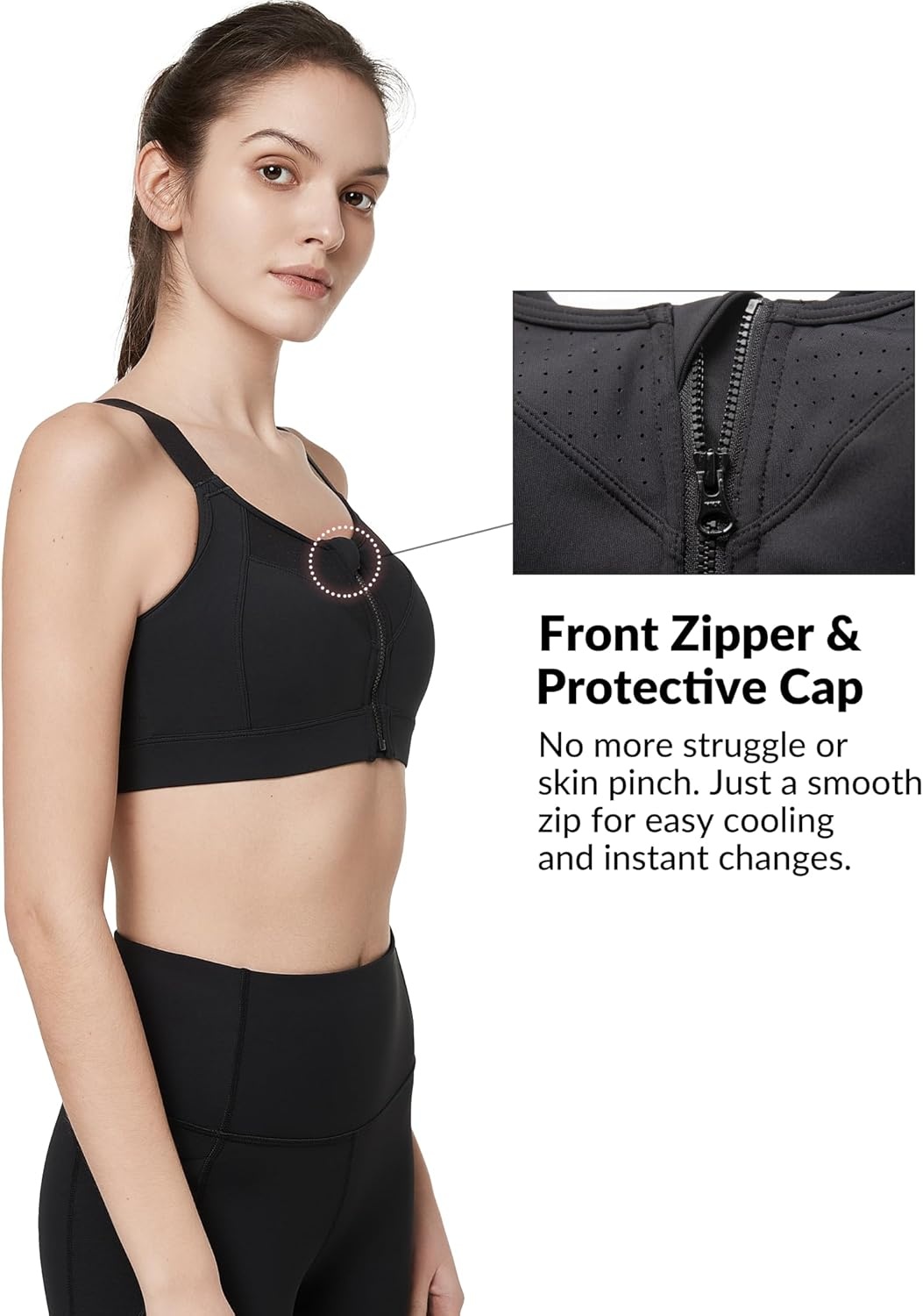 Yvette Adjustable Sports Bras for Women High Impact Support, Zip Front Sports Bra Plus Size Wireless for Running Workout Gym(Black)