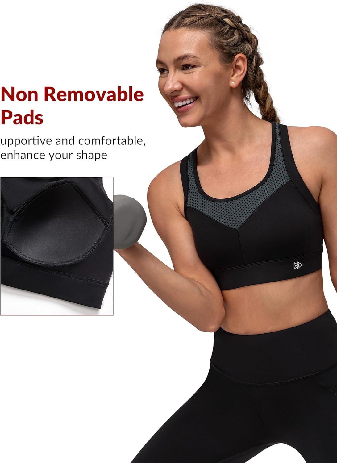 Yvette Racerback Sports Bras for Women High Support Running Supportive Sports Bra with Sewn in Pads(Grey)