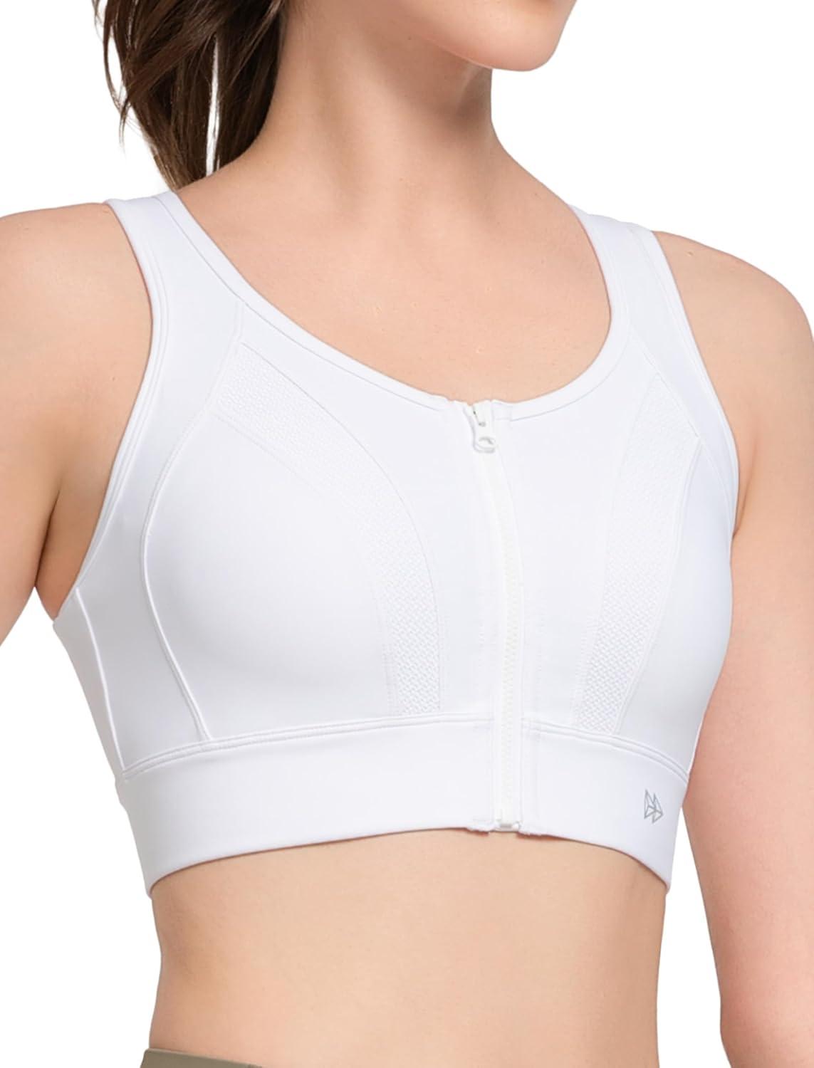 Yvette Zip Front Sports Bras for Women High Impact Supportive Large Bust Bras for Running(White)