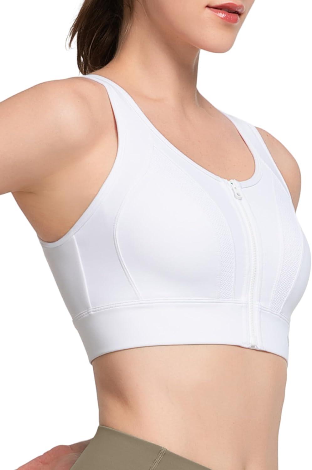 Yvette Zip Front Sports Bras for Women High Impact Supportive Large Bust Bras for Running(White)