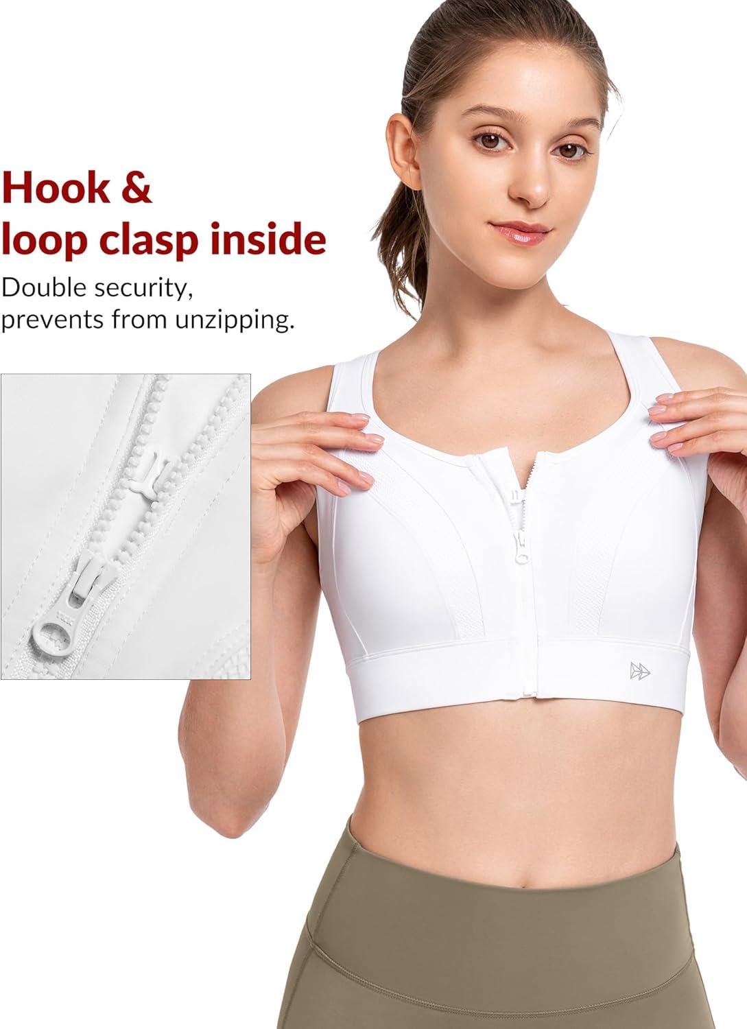 Yvette Zip Front Sports Bras for Women High Impact Supportive Large Bust Bras for Running(White)