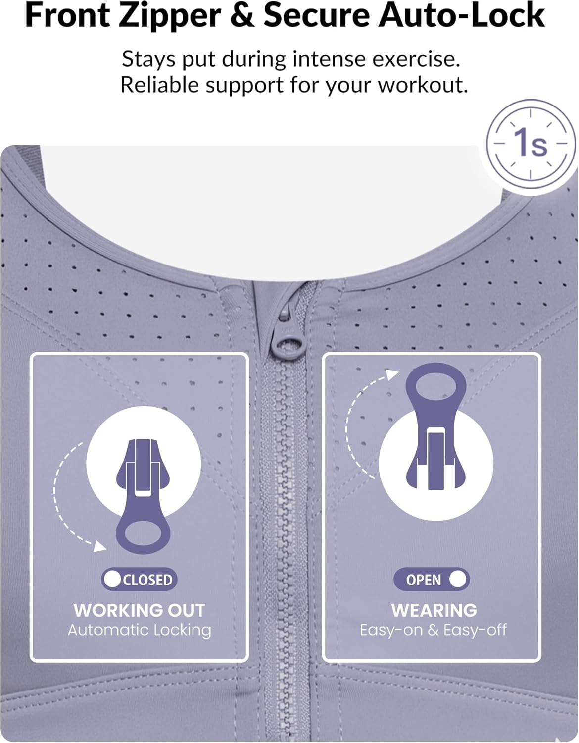 Yvette Adjustable Sports Bras for Women High Impact Support, Zip Front Sports Bra Plus Size Wireless for Running Workout Gym(Light Purple)