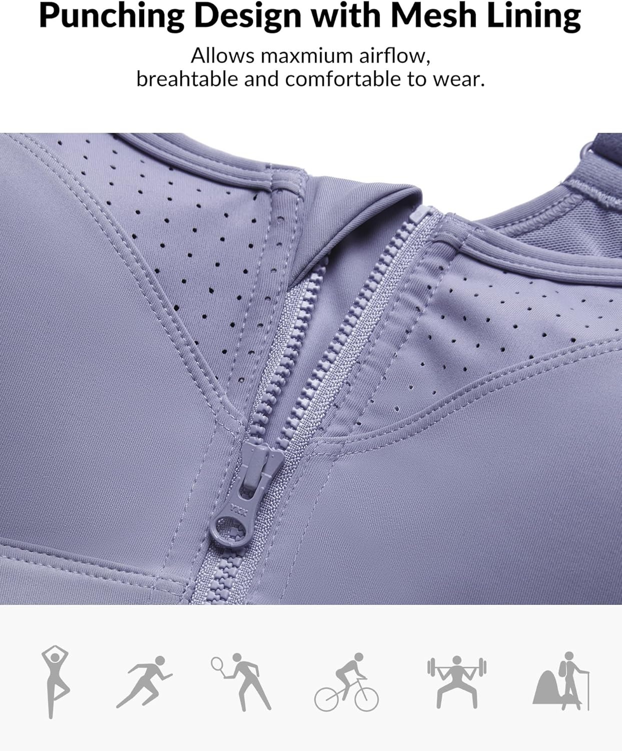 Yvette Adjustable Sports Bras for Women High Impact Support, Zip Front Sports Bra Plus Size Wireless for Running Workout Gym(Light Purple)