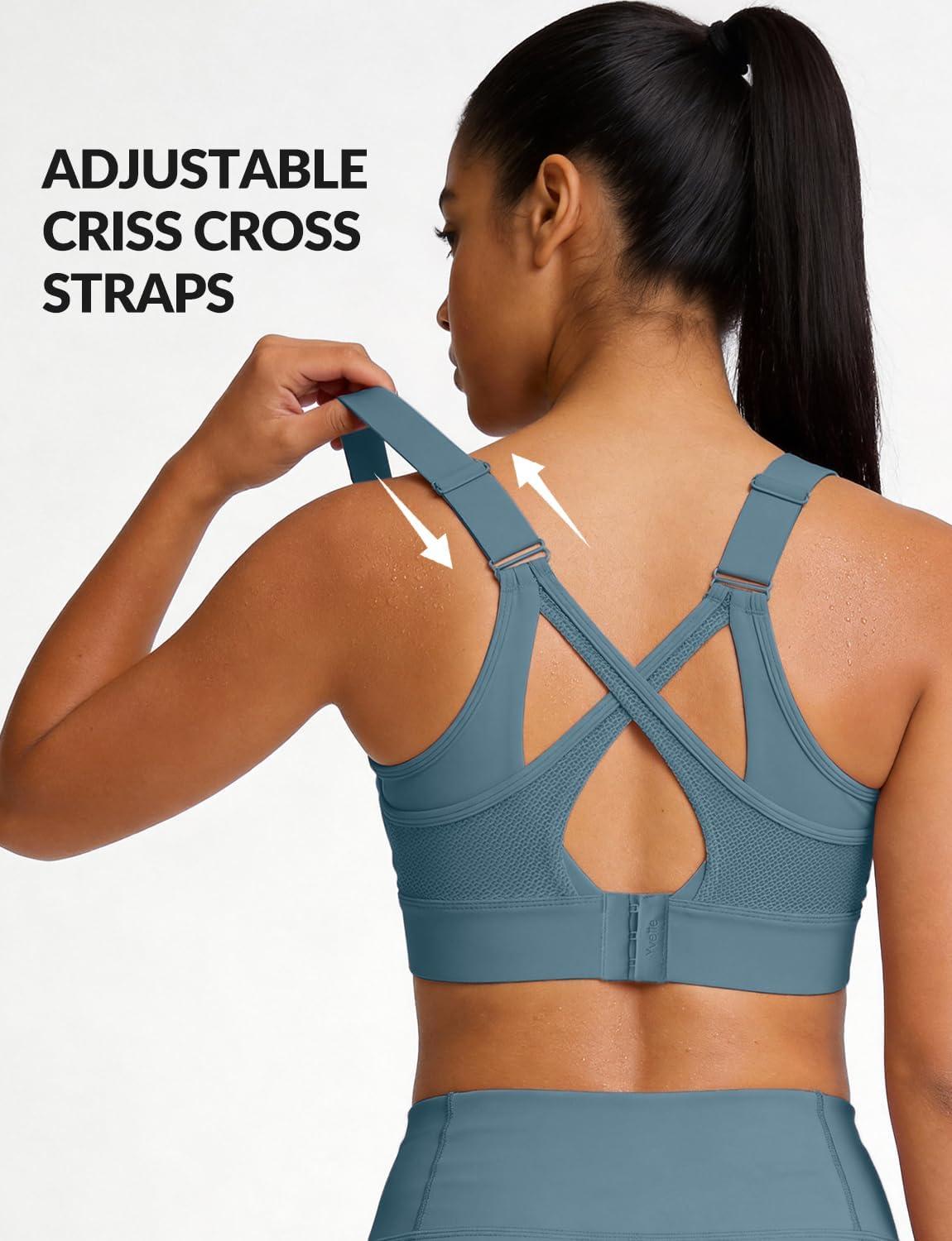 Yvette Sports Bras for Women High Impact Support, Sleek V-Neck with Adjustable Criss Cross Straps for Running&Workout(Lake Blue)