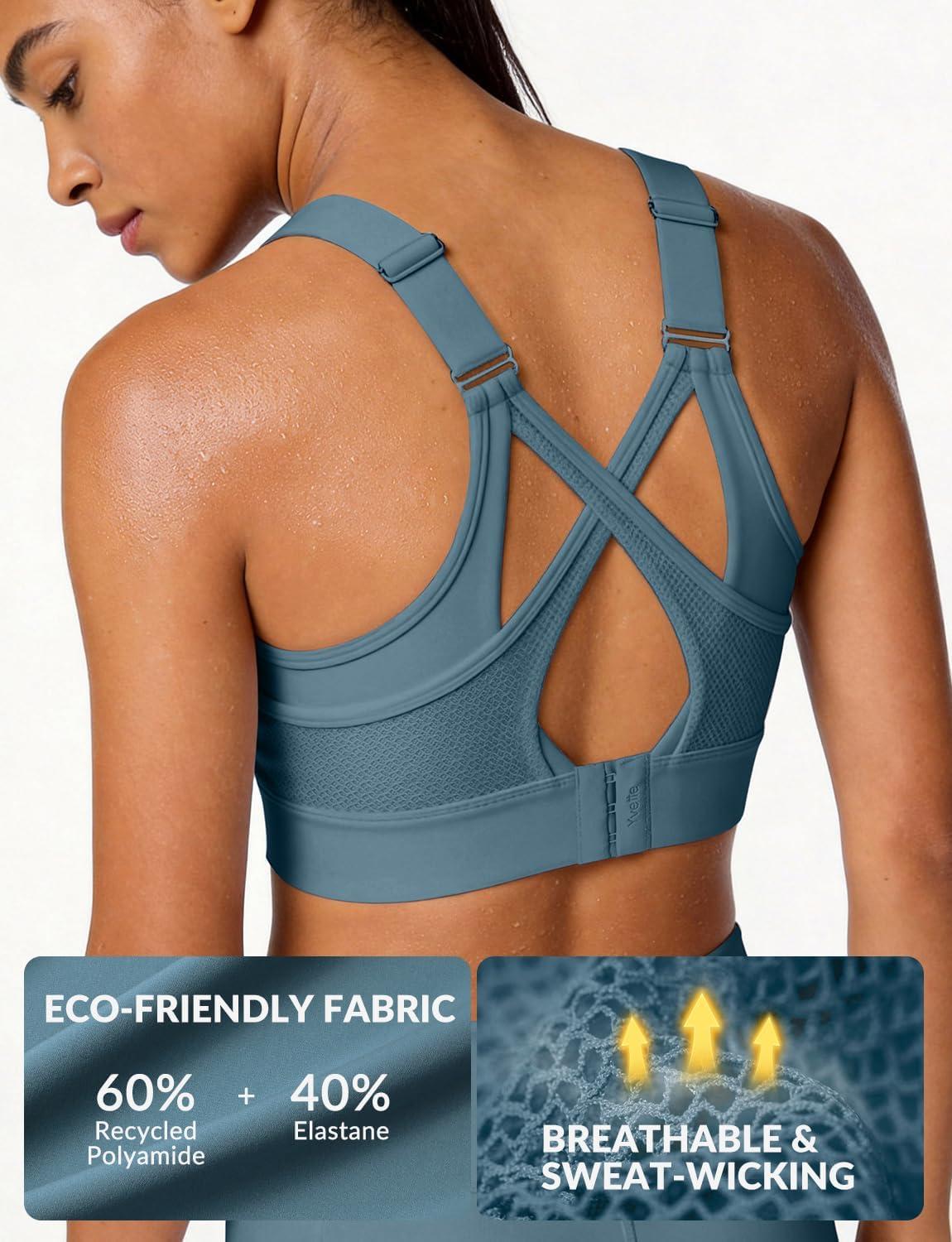 Yvette Sports Bras for Women High Impact Support, Sleek V-Neck with Adjustable Criss Cross Straps for Running&Workout(Lake Blue)