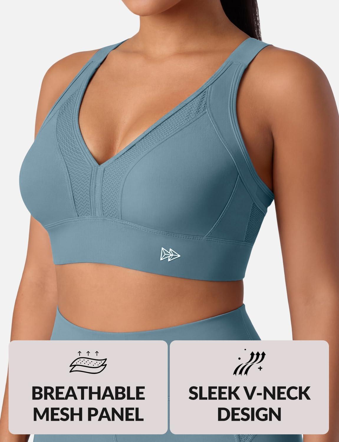 Yvette Sports Bras for Women High Impact Support, Sleek V-Neck with Adjustable Criss Cross Straps for Running&Workout(Lake Blue)