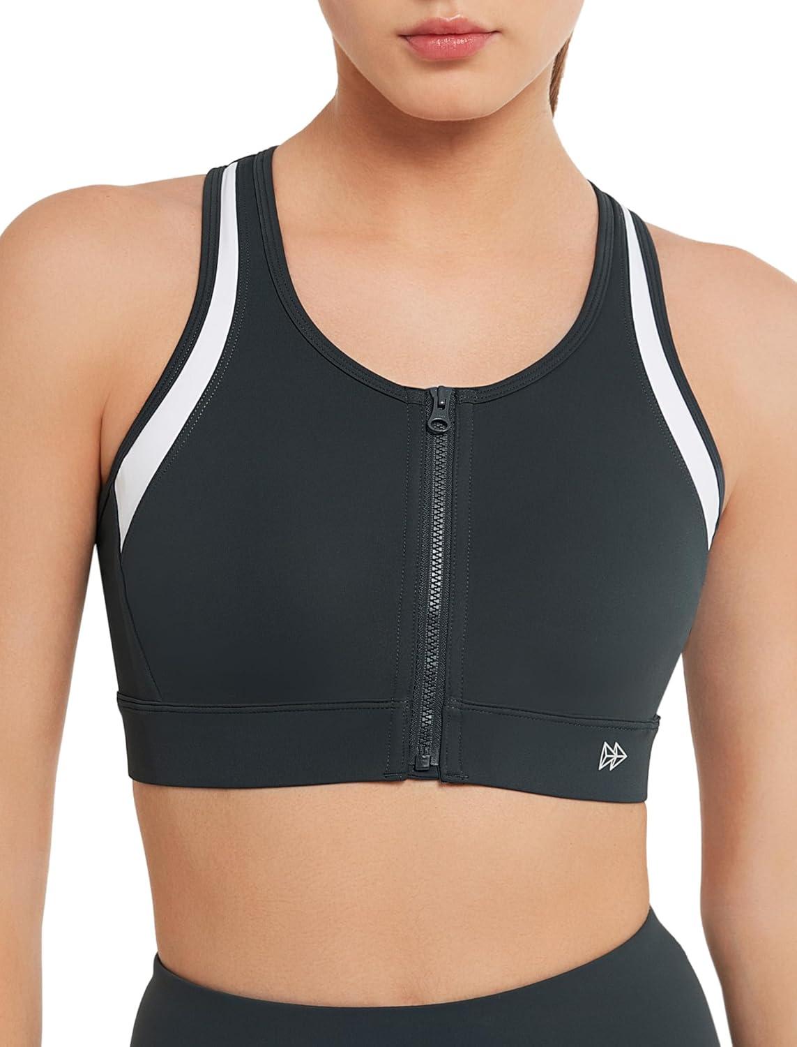 Yvette Front Zipper Sports Bras for Women High Support Color Blocking Plus Size Sports Bra High Impact for Running Workout(Haze Blue)